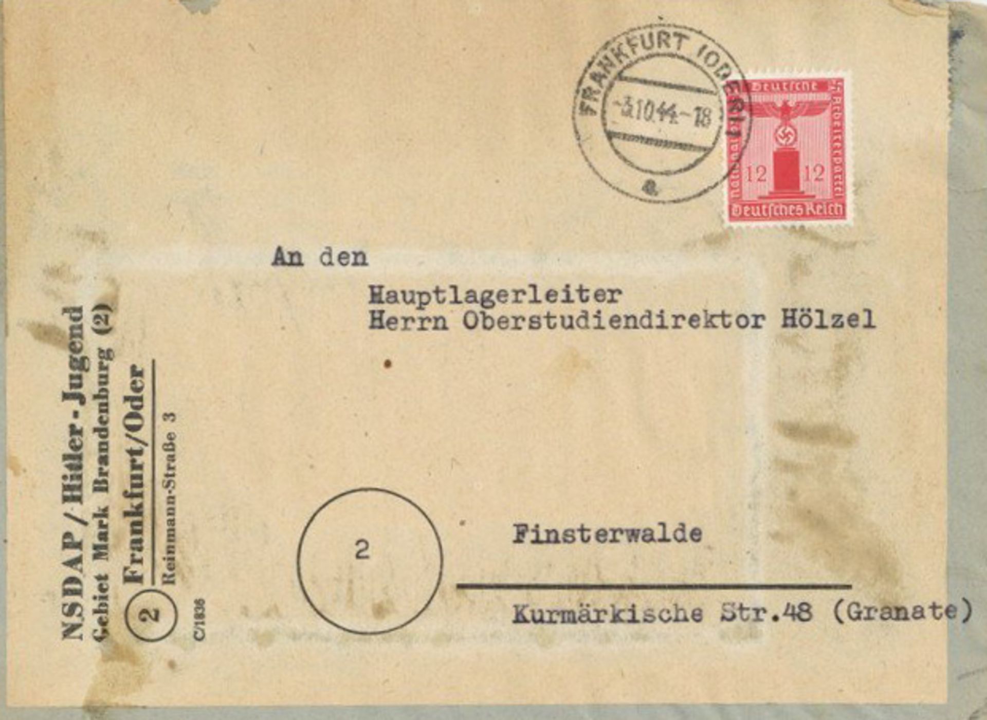 NSDAP HJ Hitlerjugend Gebiet Mark Brandenburg 2 Frankfurt/Oder Dienstbrief mit Parteidienstmarke