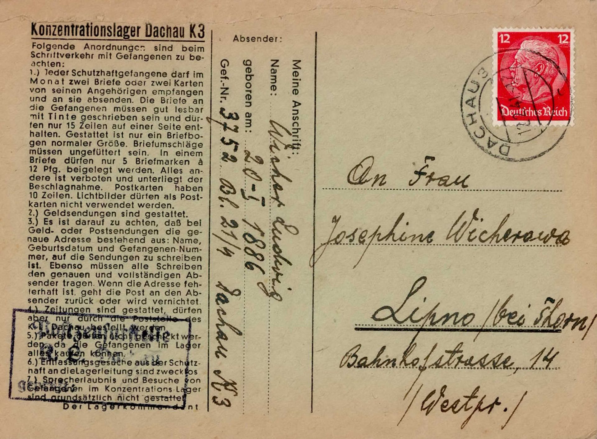 WK II KZ - Post Dachau mit Lagerzensur 12.02.1941 o-Brief I-II