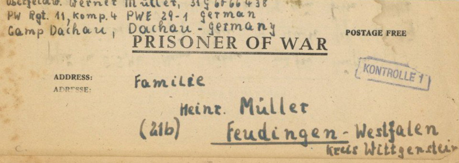 WK II Kriegsgefangenenpost aus dem ehem. KZ Dachau eines deutschen Oberfeldwebel nach Feudingen