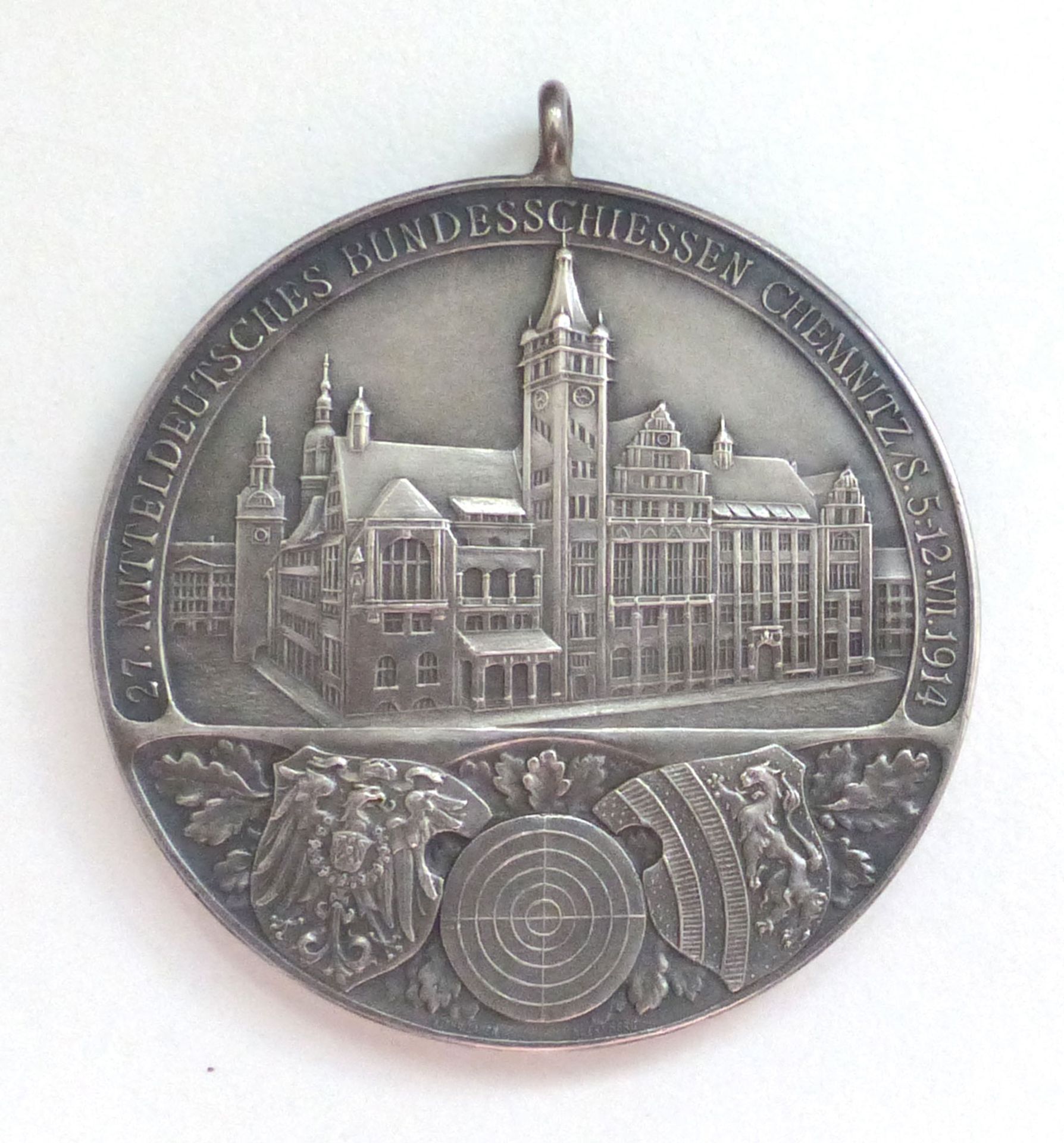 Schützen Chemnitz Medaille des 27. Mitteldeutsches Bundesschießen 990 er Silber ca. 40 mm Durchm. im