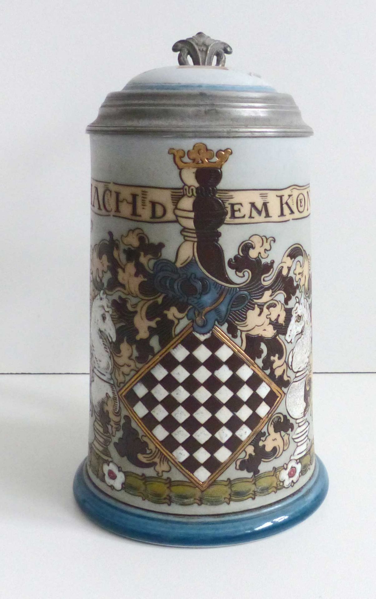 Schach Bierkrug Mettlach mit Zinndeckel Ludorum Schach dem Könige, H=20 cm 0,5 L, sehr selten! - Bild 4 aus 5