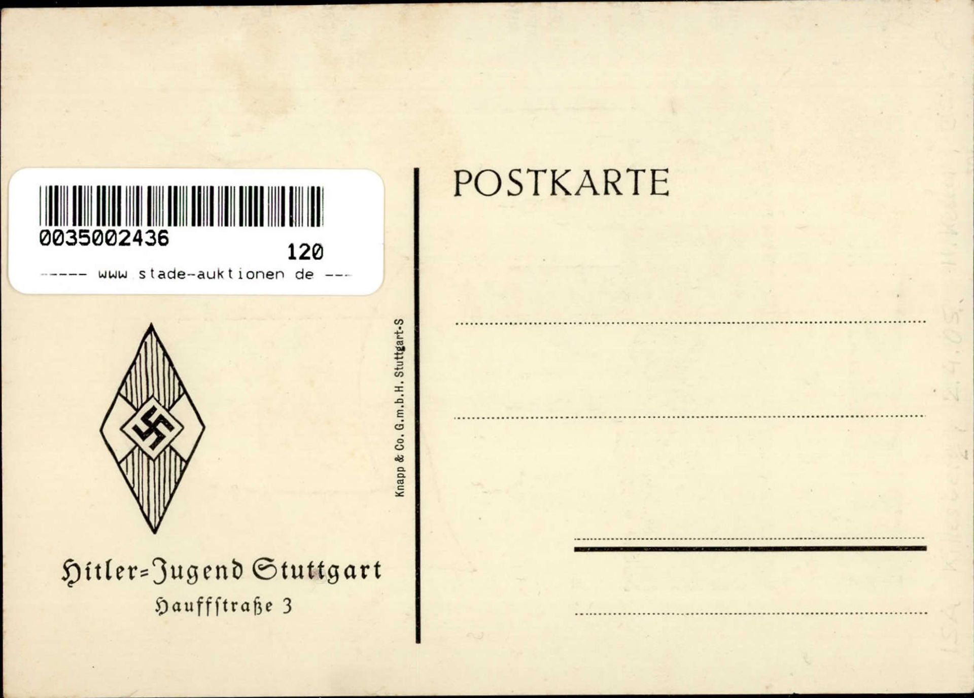 HITLER-JUGEND WK II - HJ-STUTTGART Propaganda HJ-BAUSTEIN-Karte I-II - Image 2 of 2