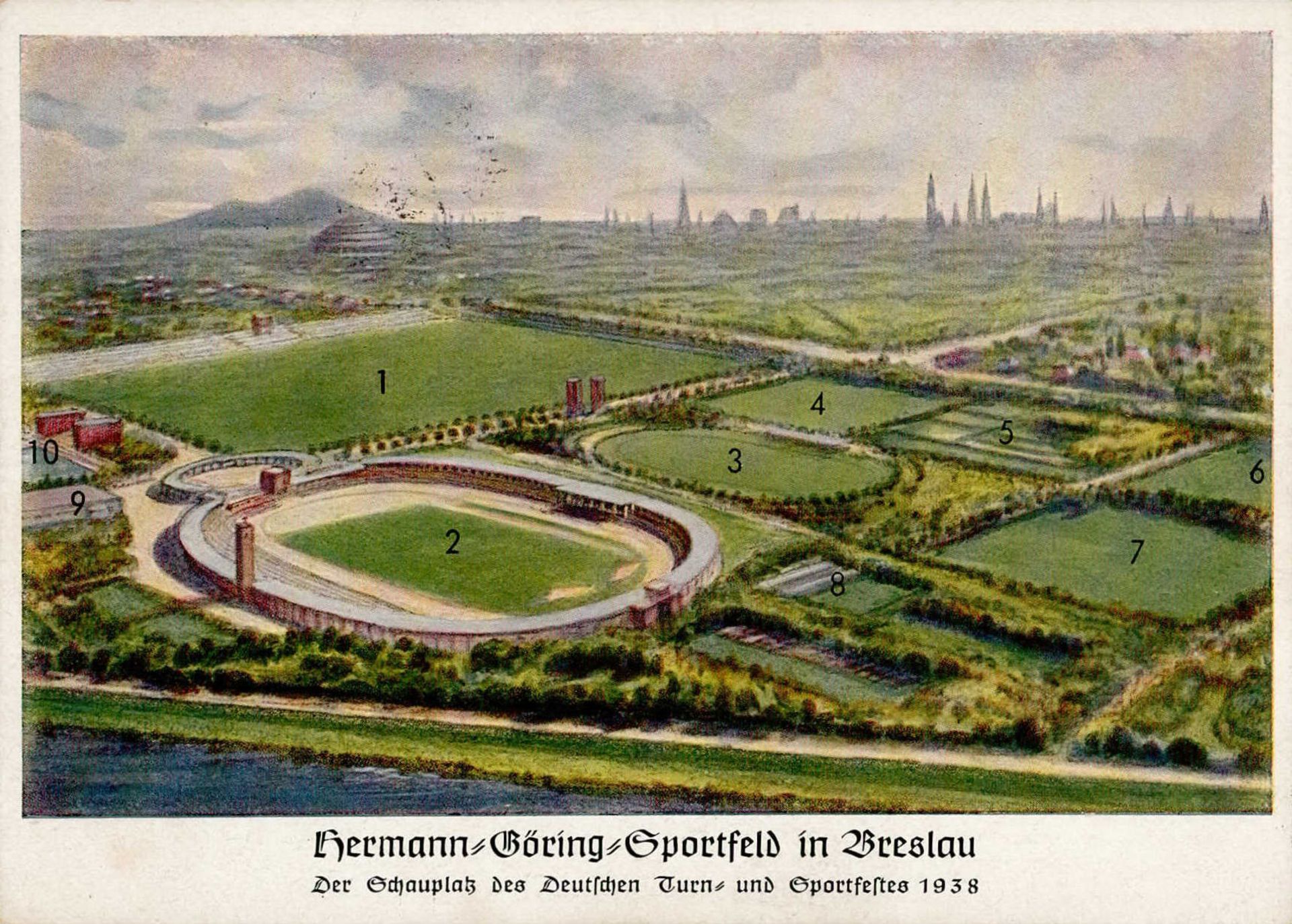 WK II Breslau Deutsches Turn- und Sportfest 1938 Hermann-Göring-Sportfeld mit So-Stempel I-II