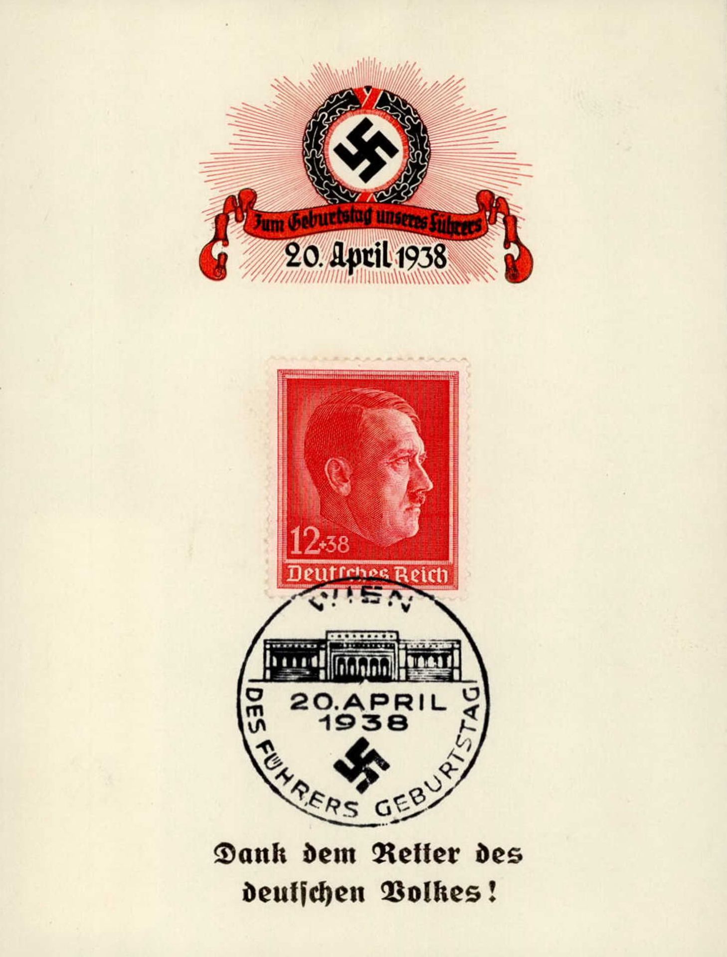 Hitler Schmuckblatt mit Sondermarke und So-Stempel zum Geburtstag 1938 (keine AK)