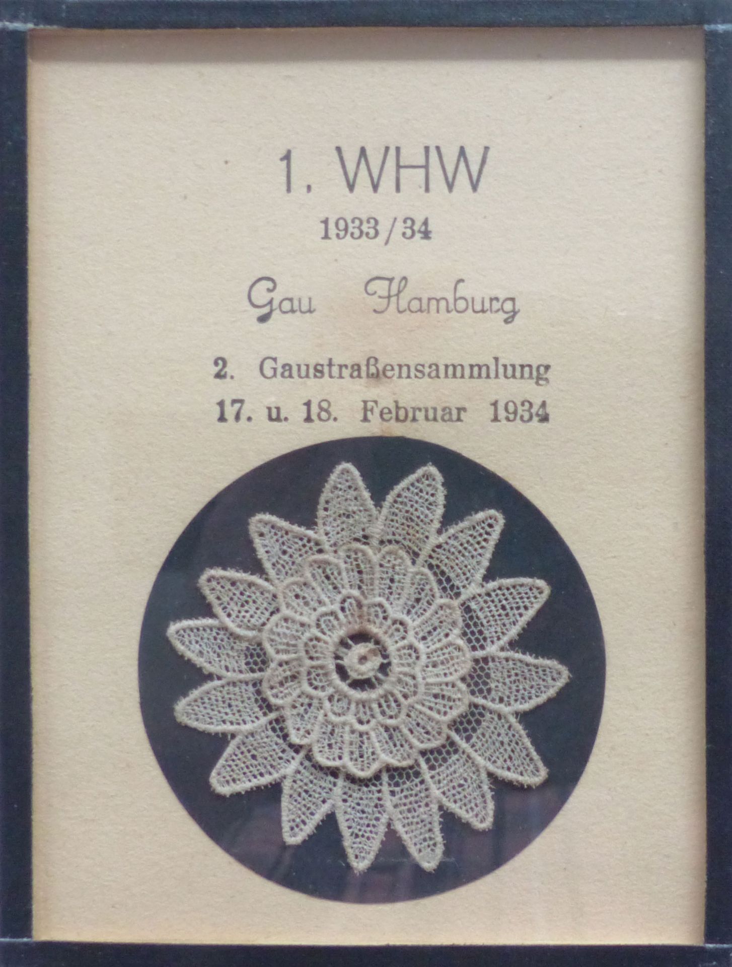 WHW Gau Hamburg Gaustraßensammlung Februar 1934 Stoffblume im Rahmen 9x12 cm I-II