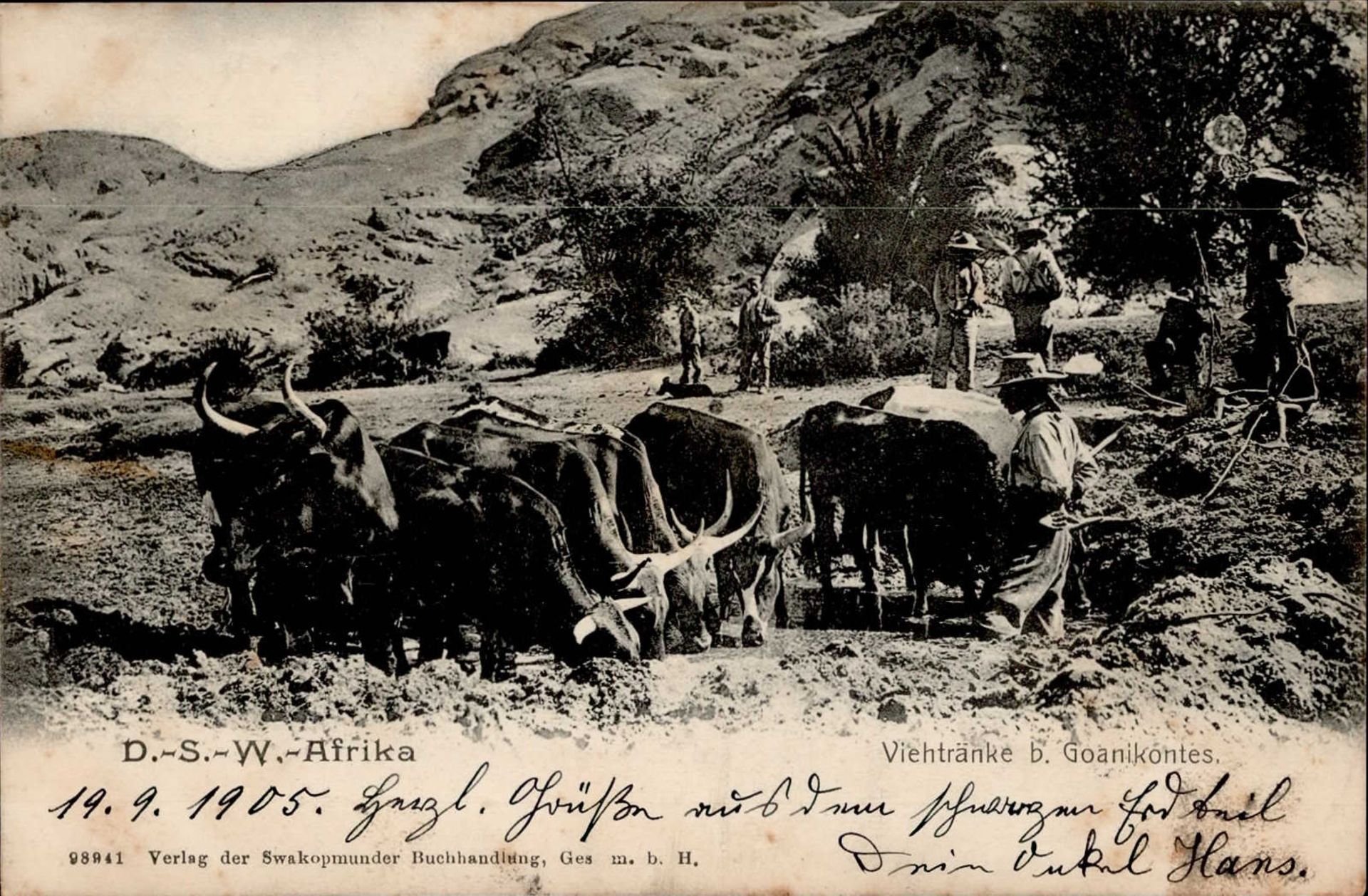 Kolonien Deutsch-Südwestafrika Goanikontes Viehtränk Stempel Swakopmund 20.09.1905 I-II (Marke