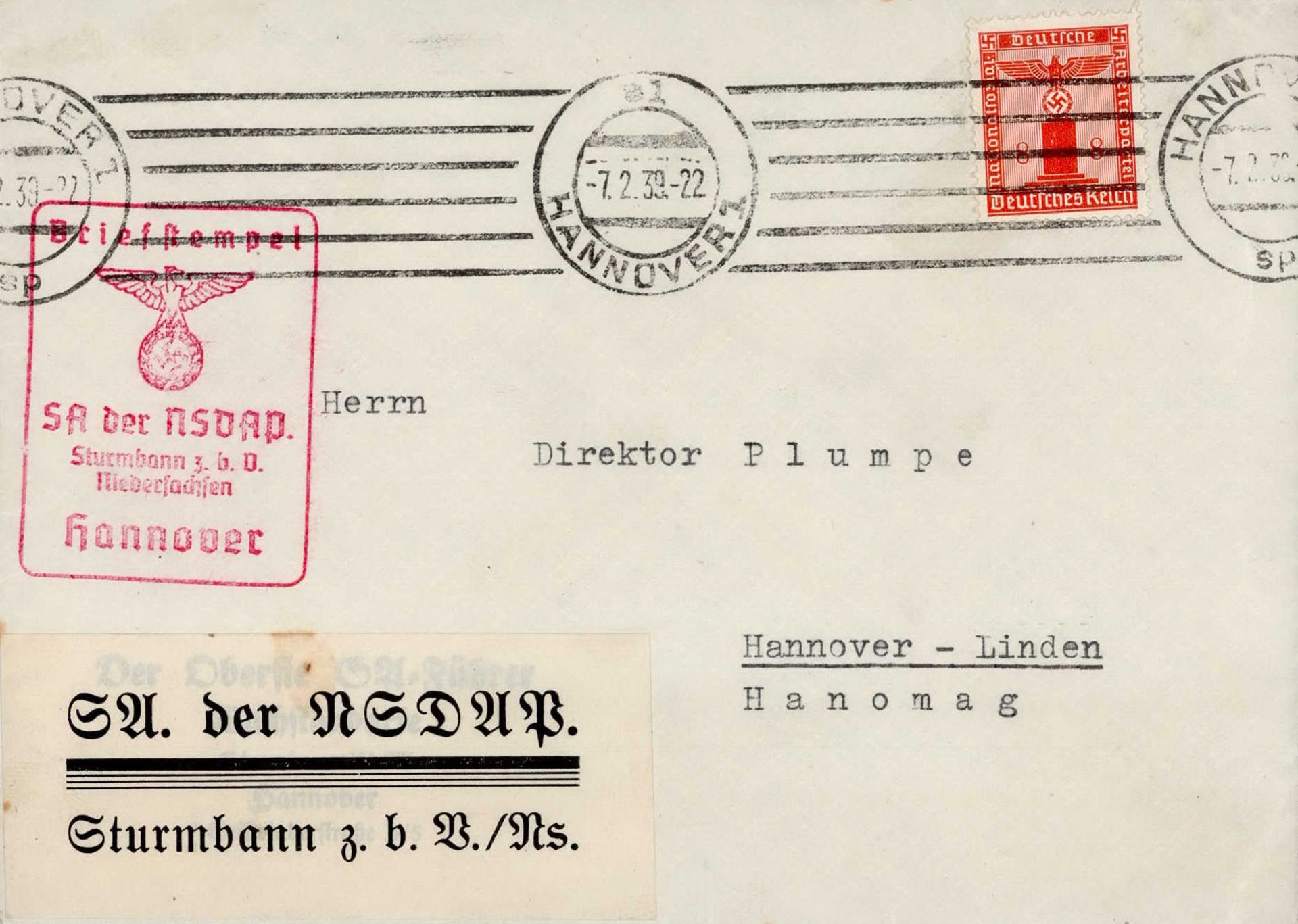 WK II SA der NSDAP Dienstbrief Parteidienstmarke EF Sturmbann zur besonderen Verwendung