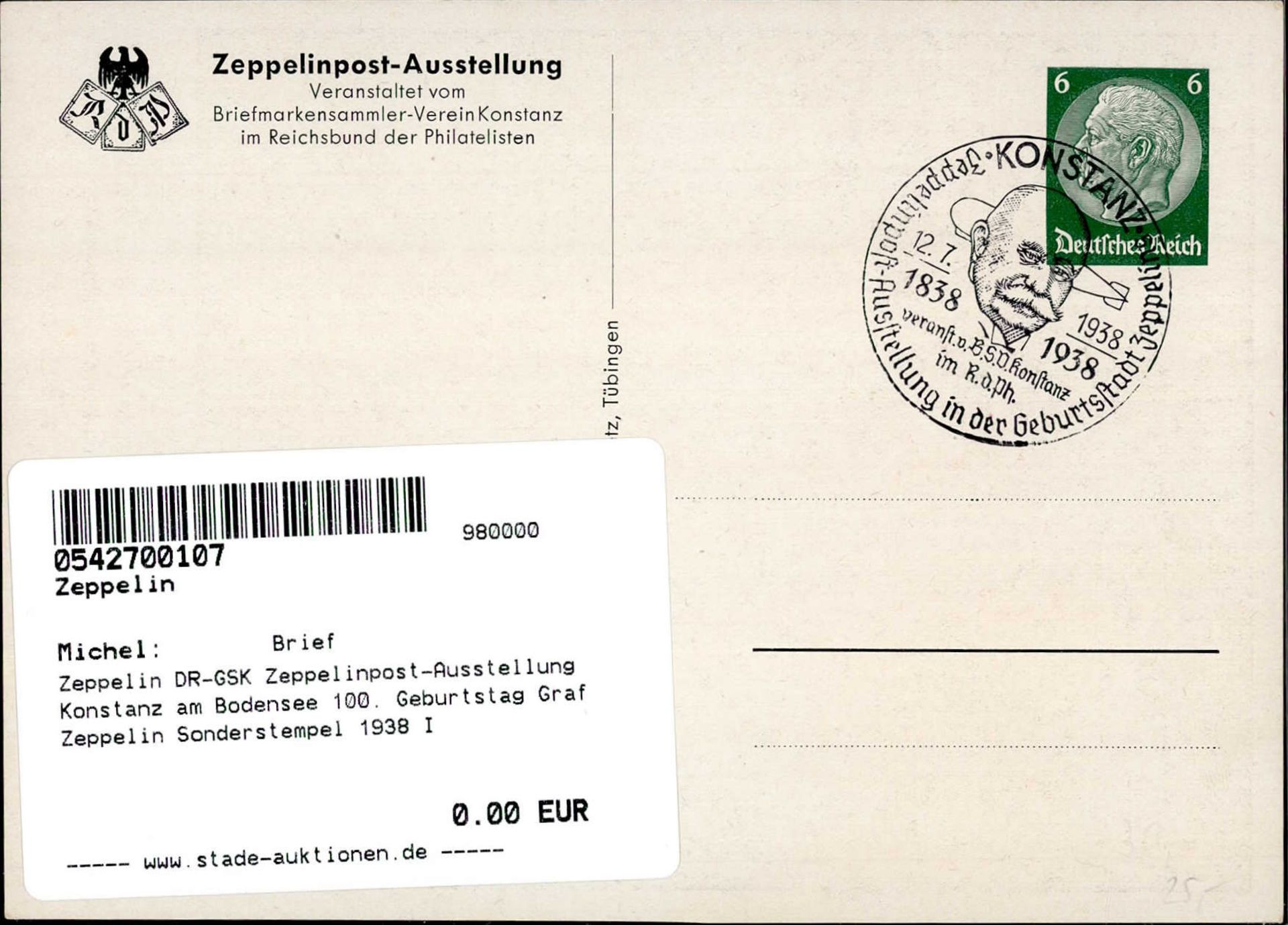 Zeppelin DR-GSK Zeppelinpost-Ausstellung Konstanz am Bodensee 100. Geburtstag Graf Zeppelin - Image 2 of 2