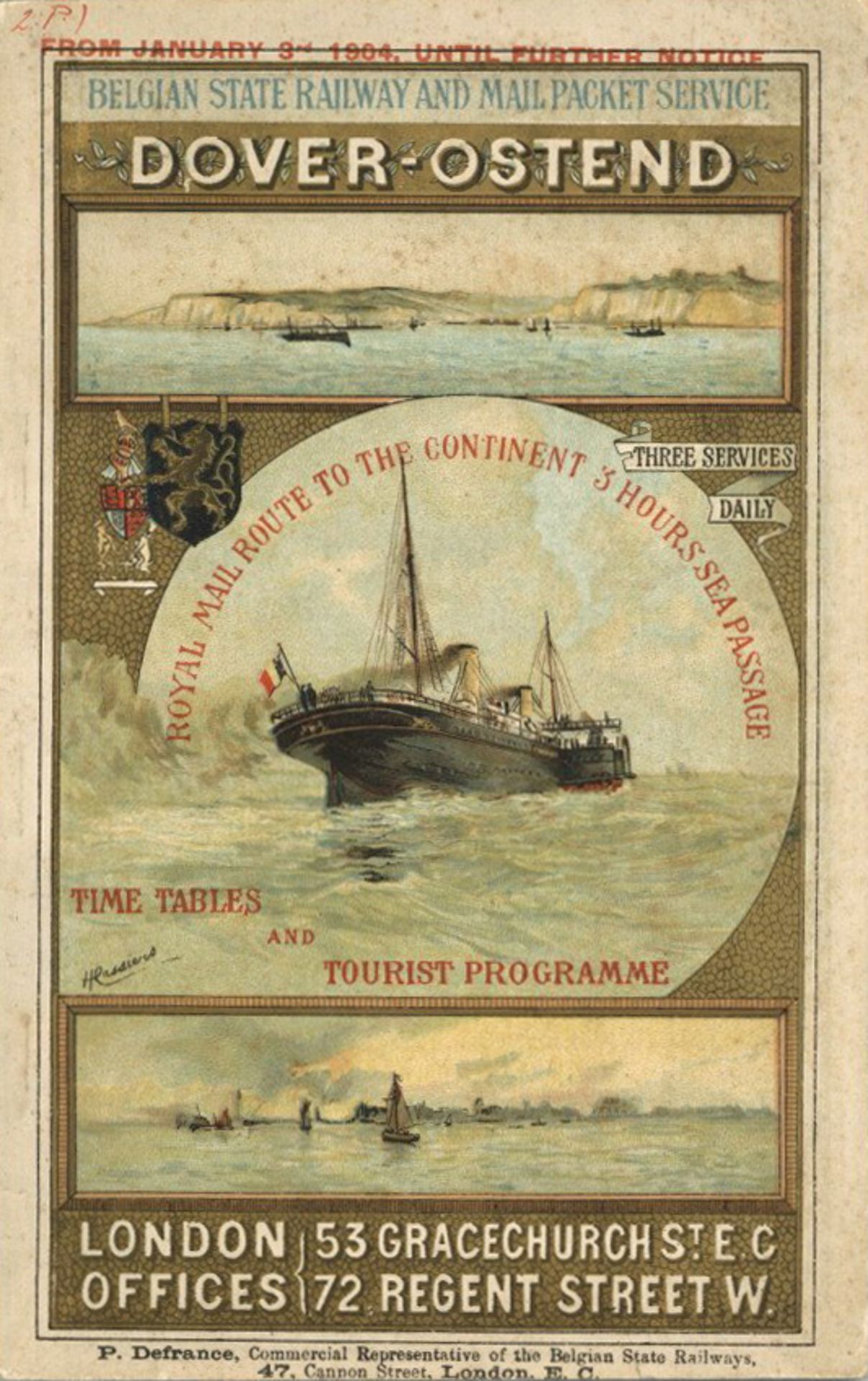 Eisenbahn Fahrplan Dover-Ostend mit Hotelliste 1904 ca. 80 S. II (fleckig)