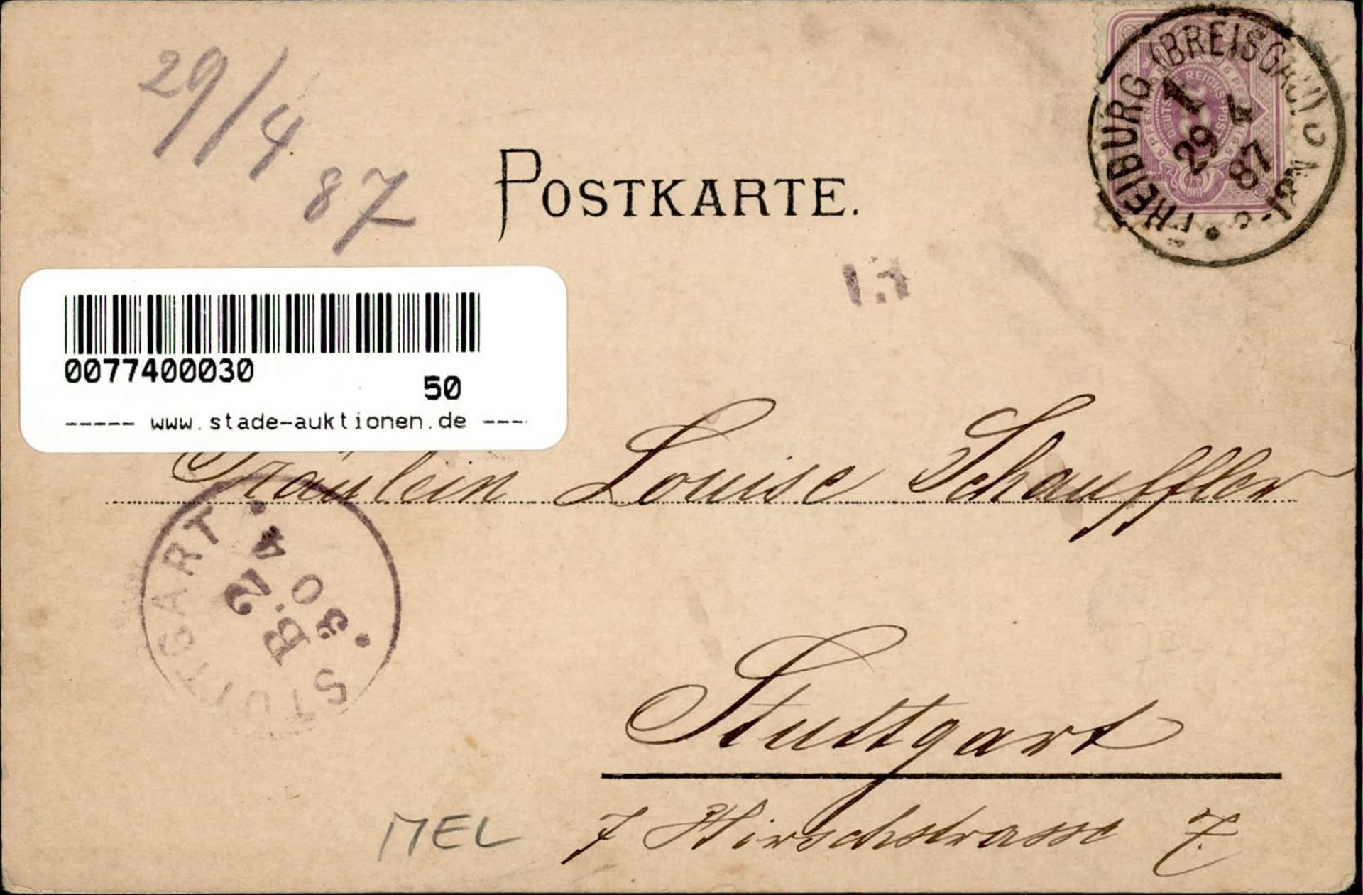 Vorläufer 1887 Freiburg im Breisgau 29.4.1887 nach Stuttgart II (Bugspuren) - Image 2 of 2