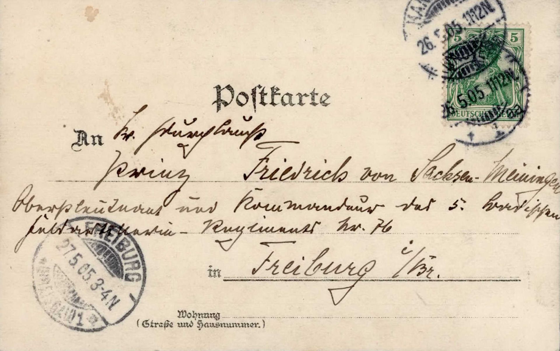 Adel Prinz Friedrich von Sachsen-Meiningen. An ihn adressierte Ansichtskarte aus dem Jahr 1905 I-II