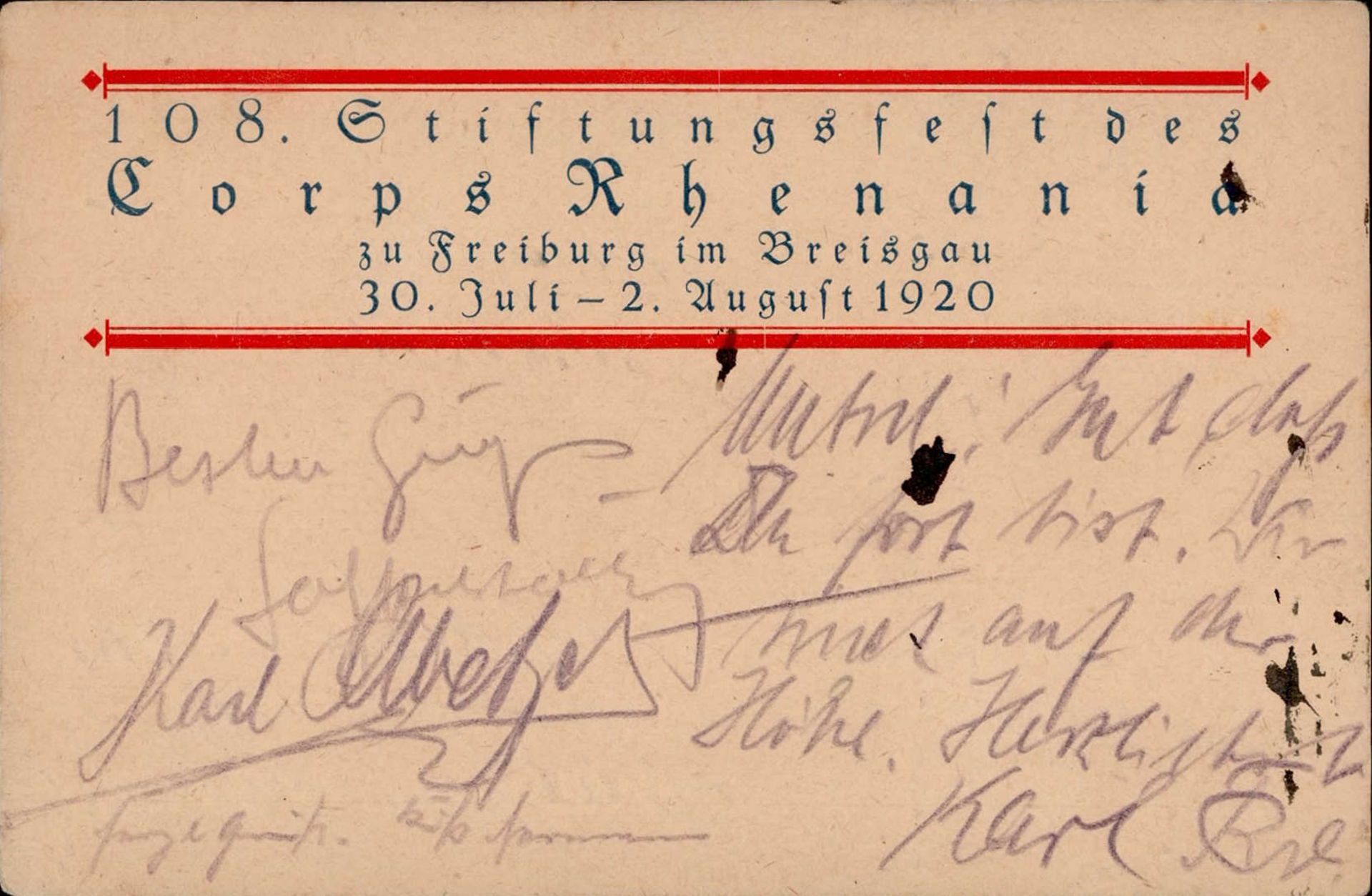 Studentika Freiburg i.Breisgau 108. Stiftungsfest des Corps Rhenania 1920 I-II (fleckig)
