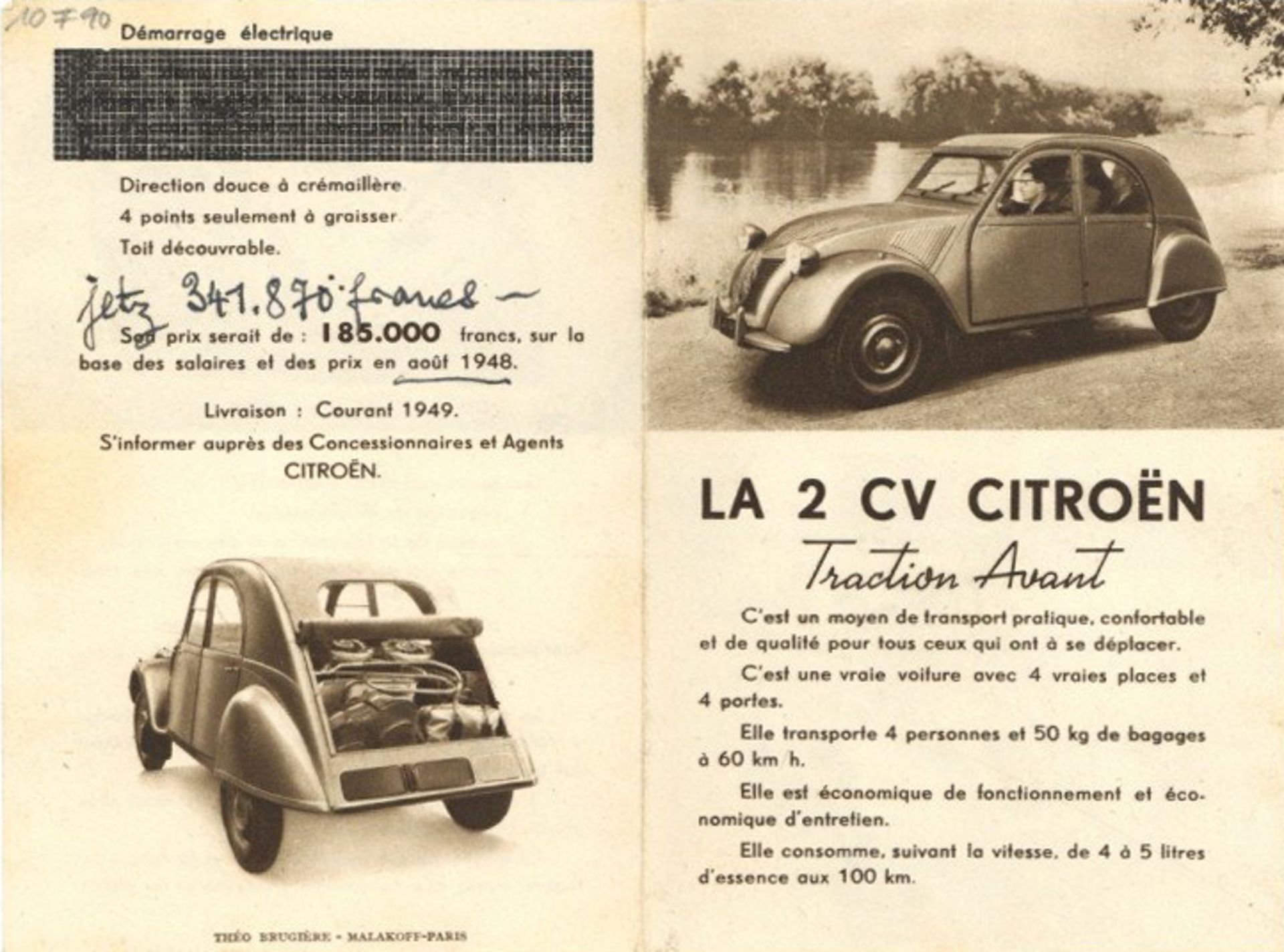 Auto Kleiner Prospekt (13,5x18,5 cm) von Citroen 2 CV 1948/49, 4 S. I-II