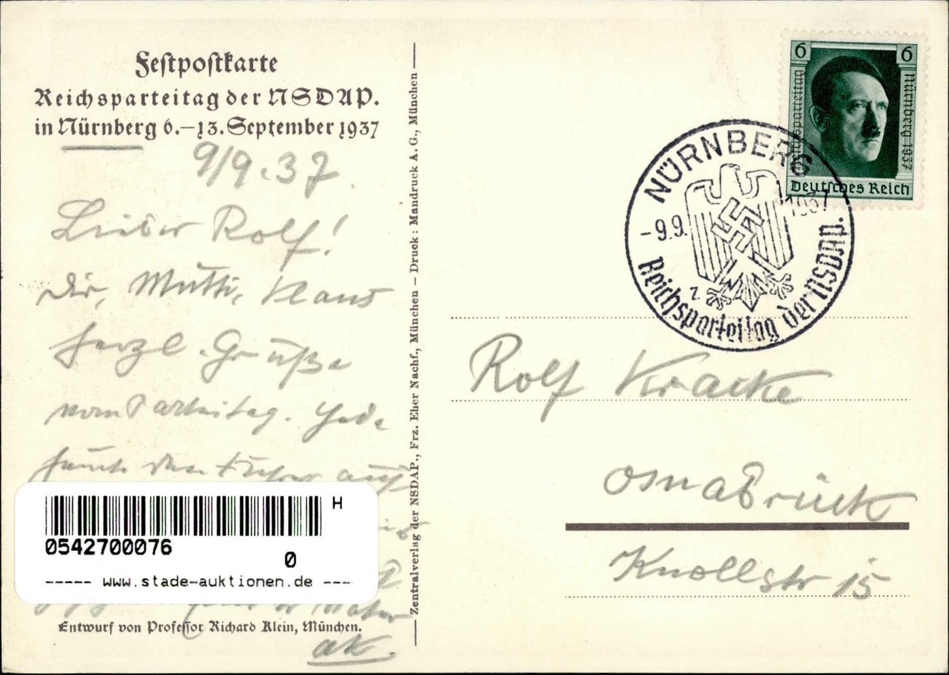 Reichsparteitag WK II Nürnberg (8500) 1937 mit So-Stempel I-II - Image 2 of 2