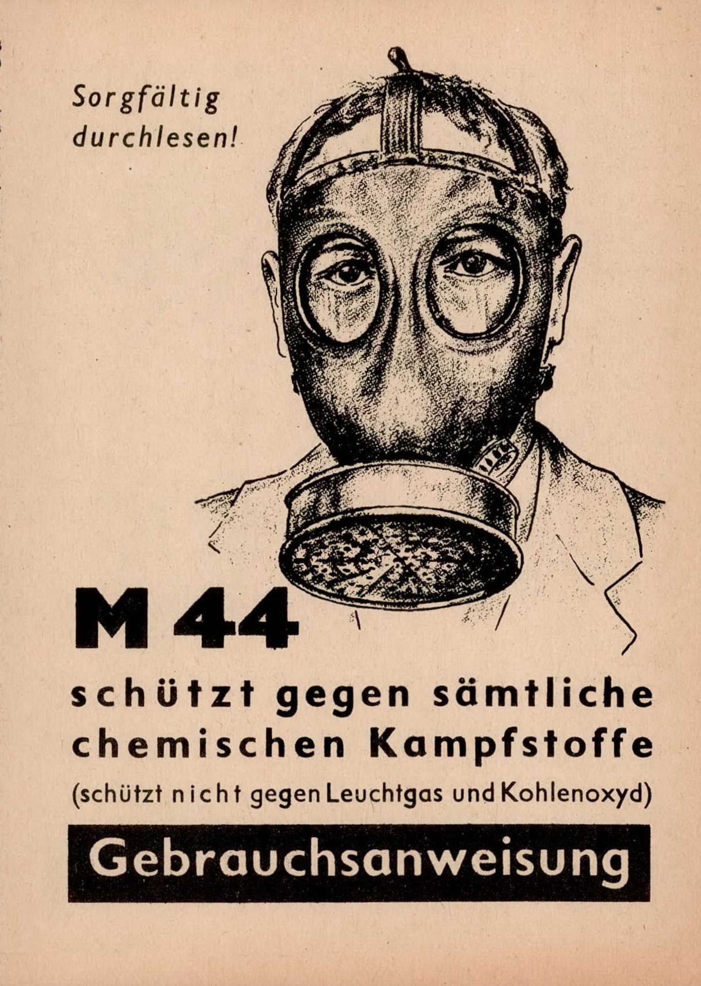 WK II Bedienungsanleitung Volksgasmaske M 44 Faltblatt des Luftschutz I-