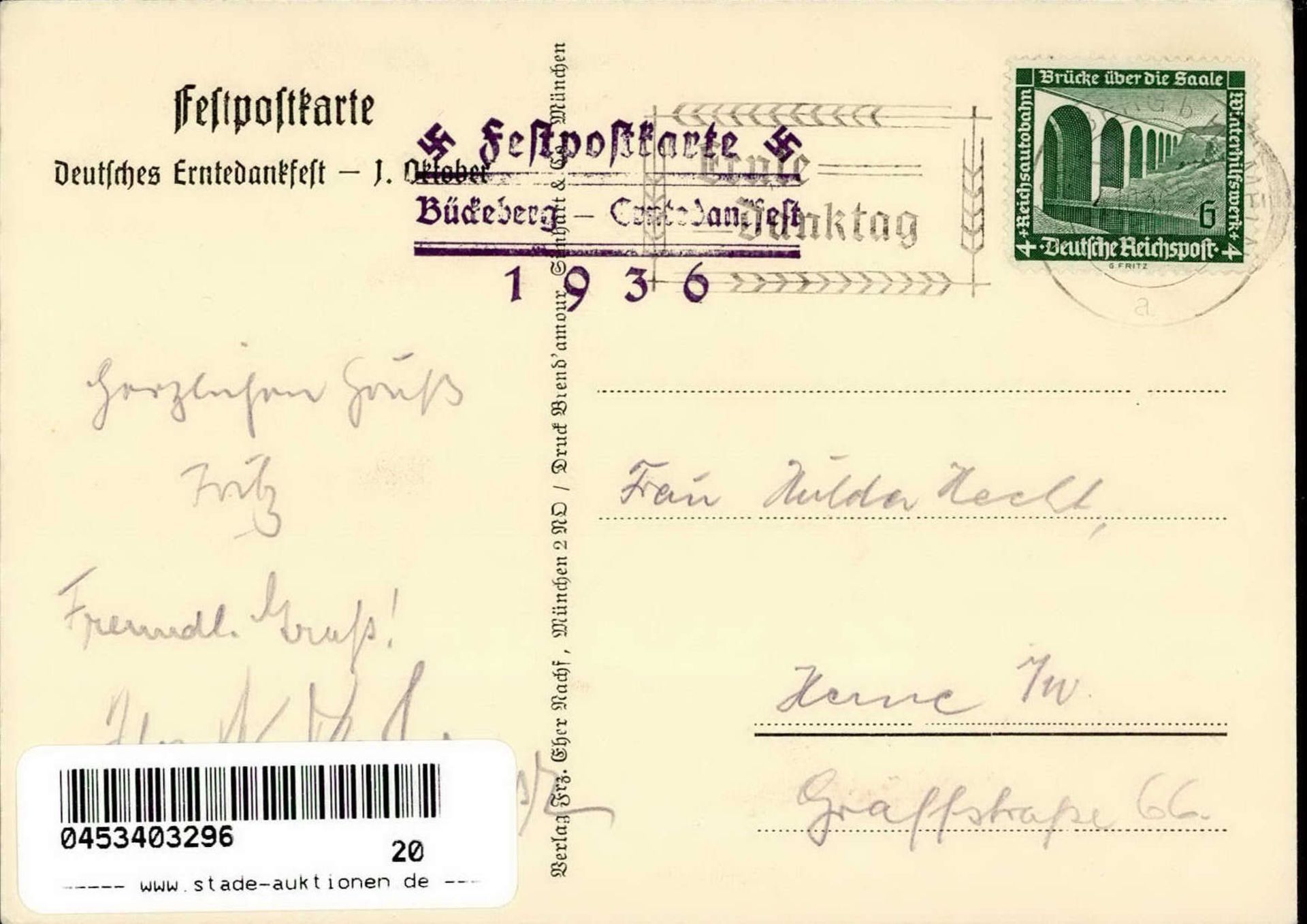 BÜCKEBERG WK II - Festpostkarte DEUTSCHES ERNTEDANKFEST 1936 S-o Künstlerkarte sign. A.Reich I - Image 2 of 2