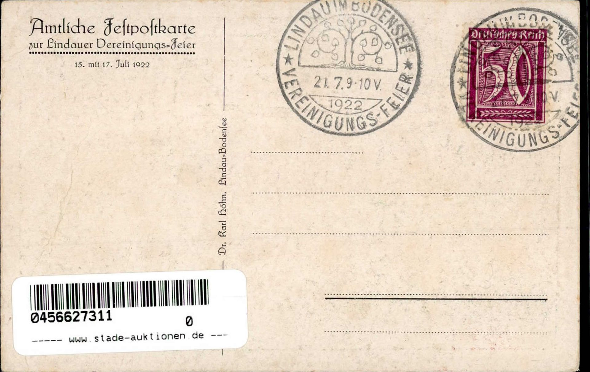 LINDAU,Bodensee - Festpostkarte mit klarem S-o VEREINIGUNGSFEIER 21.7.1922 I-II - Image 2 of 2