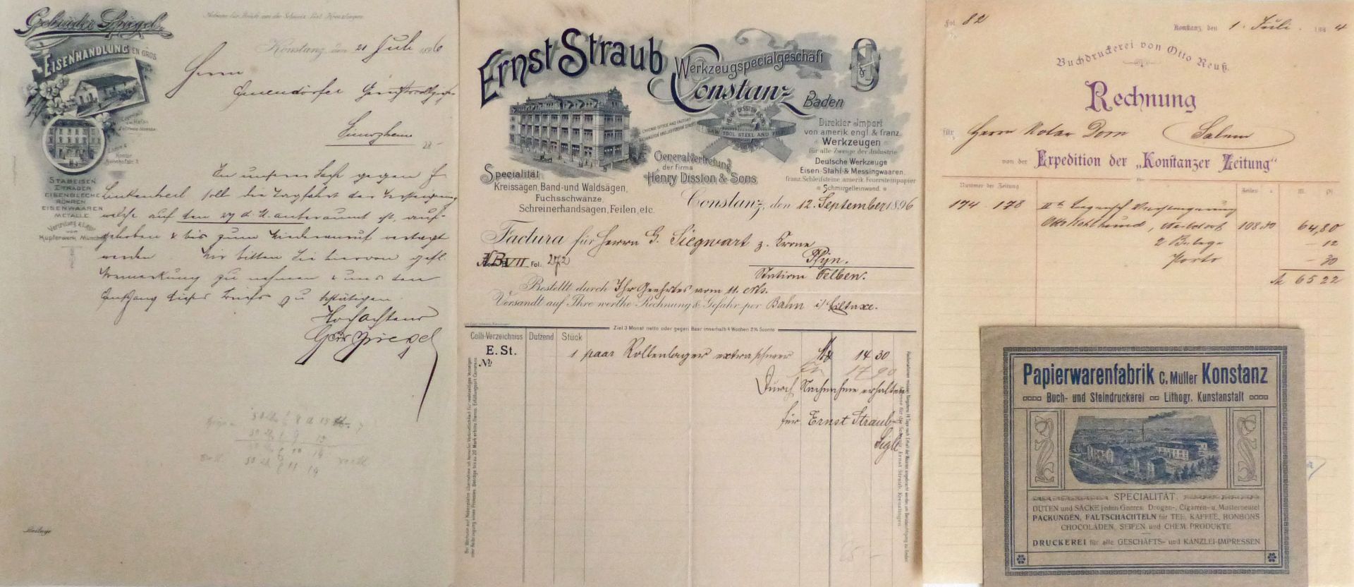 Firmenrechnung Album mit 40 Rechnungen und anderen Dokumenten von 1884 bis 1915, auf Einzelseiten in