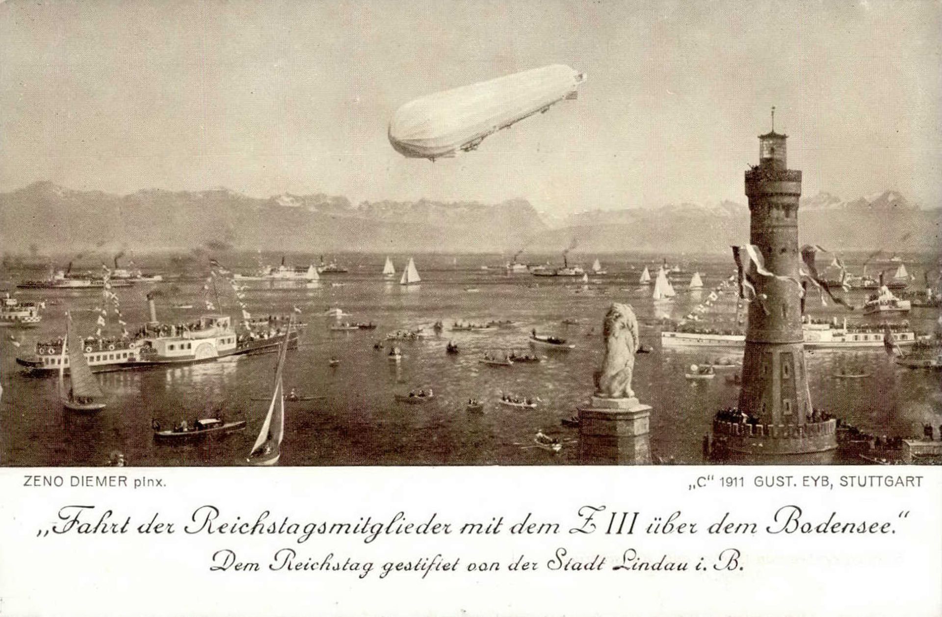 Zeppelin Fahrt der Reichstagsmitglieder mit dem Luftschiff Z III über dem Bodensee (Lindau) I-II (