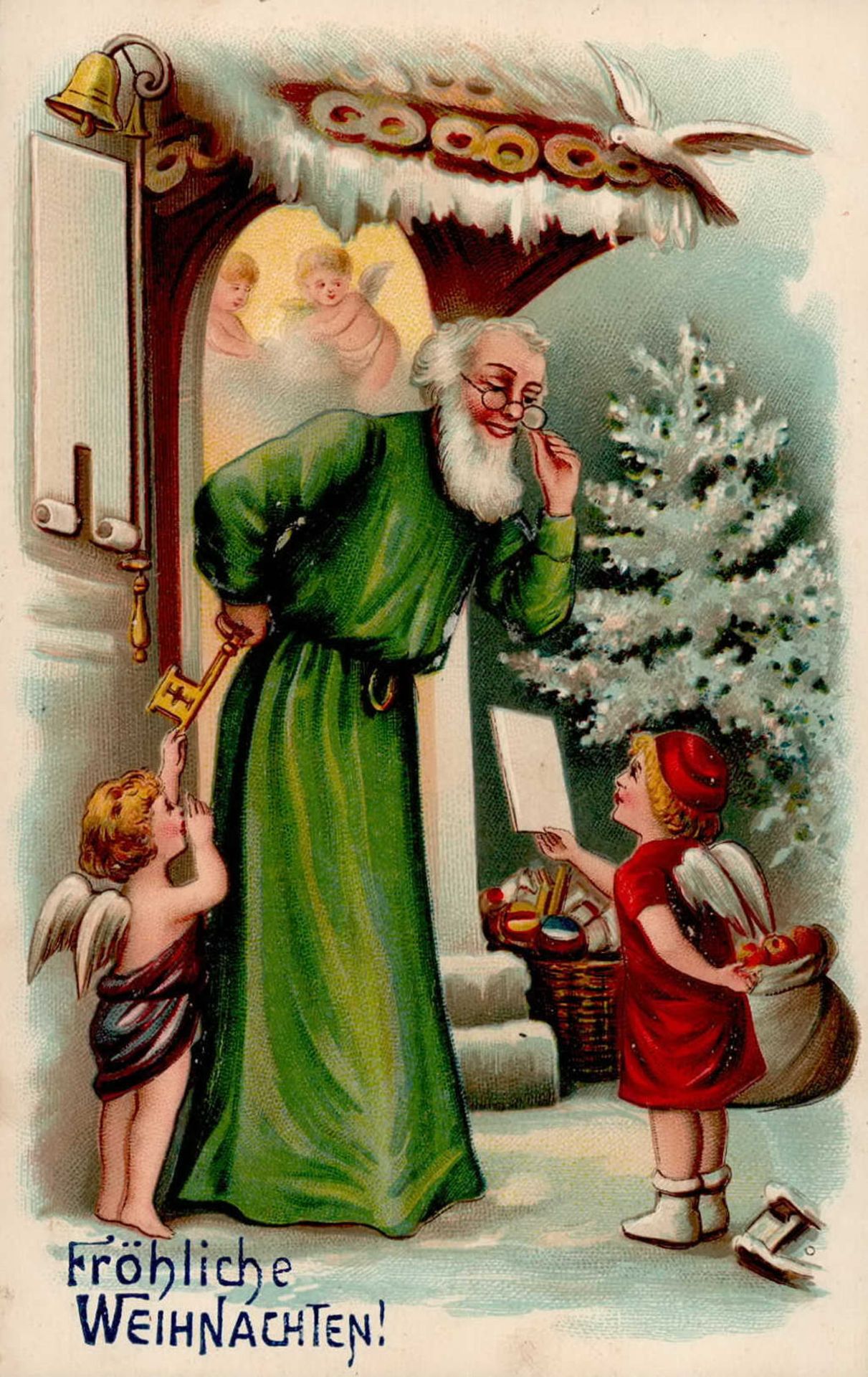 Weihnachtsmann Engel Kinder Prägekarte I-II