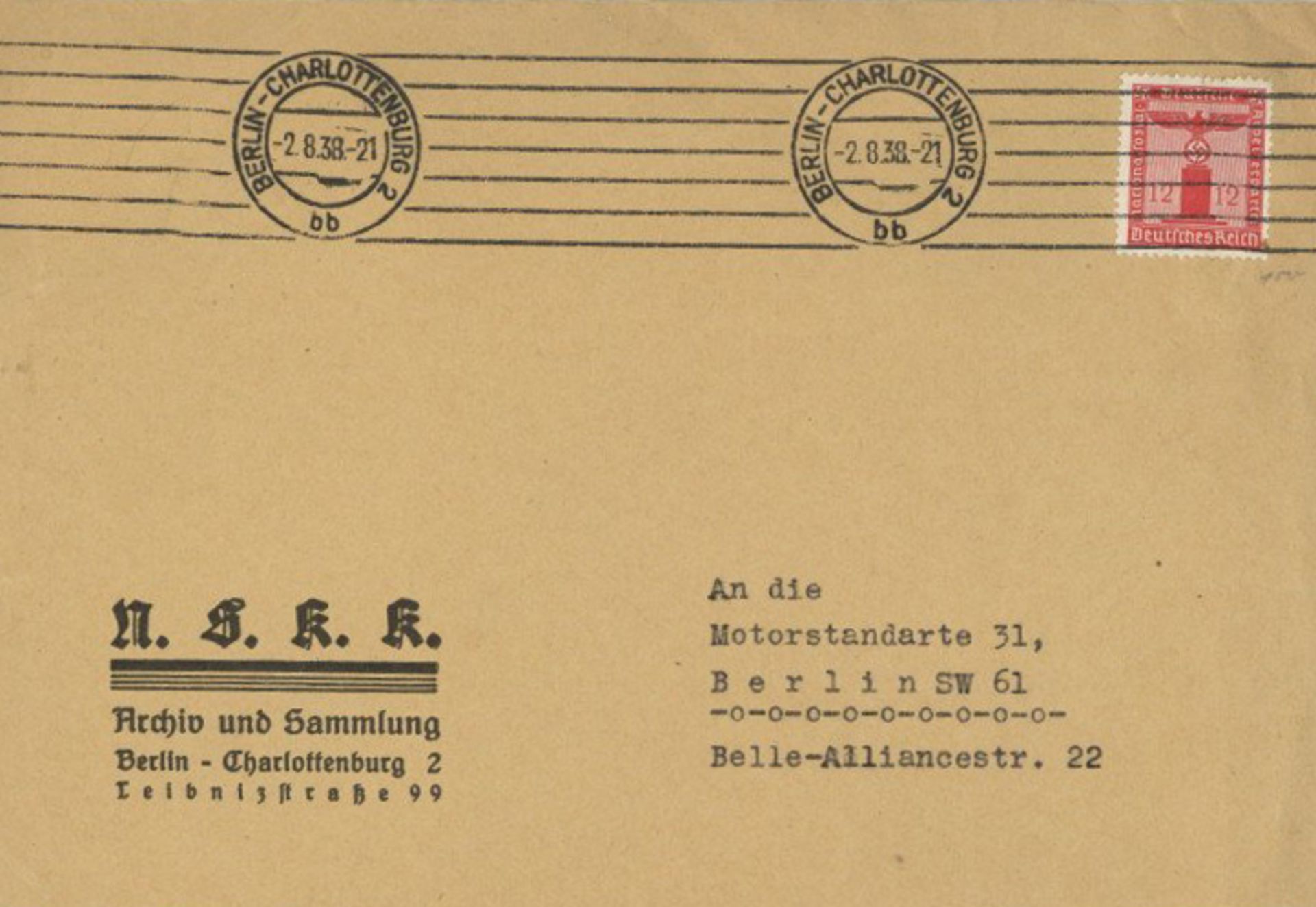 NSKK der SS Dienstbrief mit Partei-Dienstmarke der NSDAP vom Archiv Charlottenburg 1938