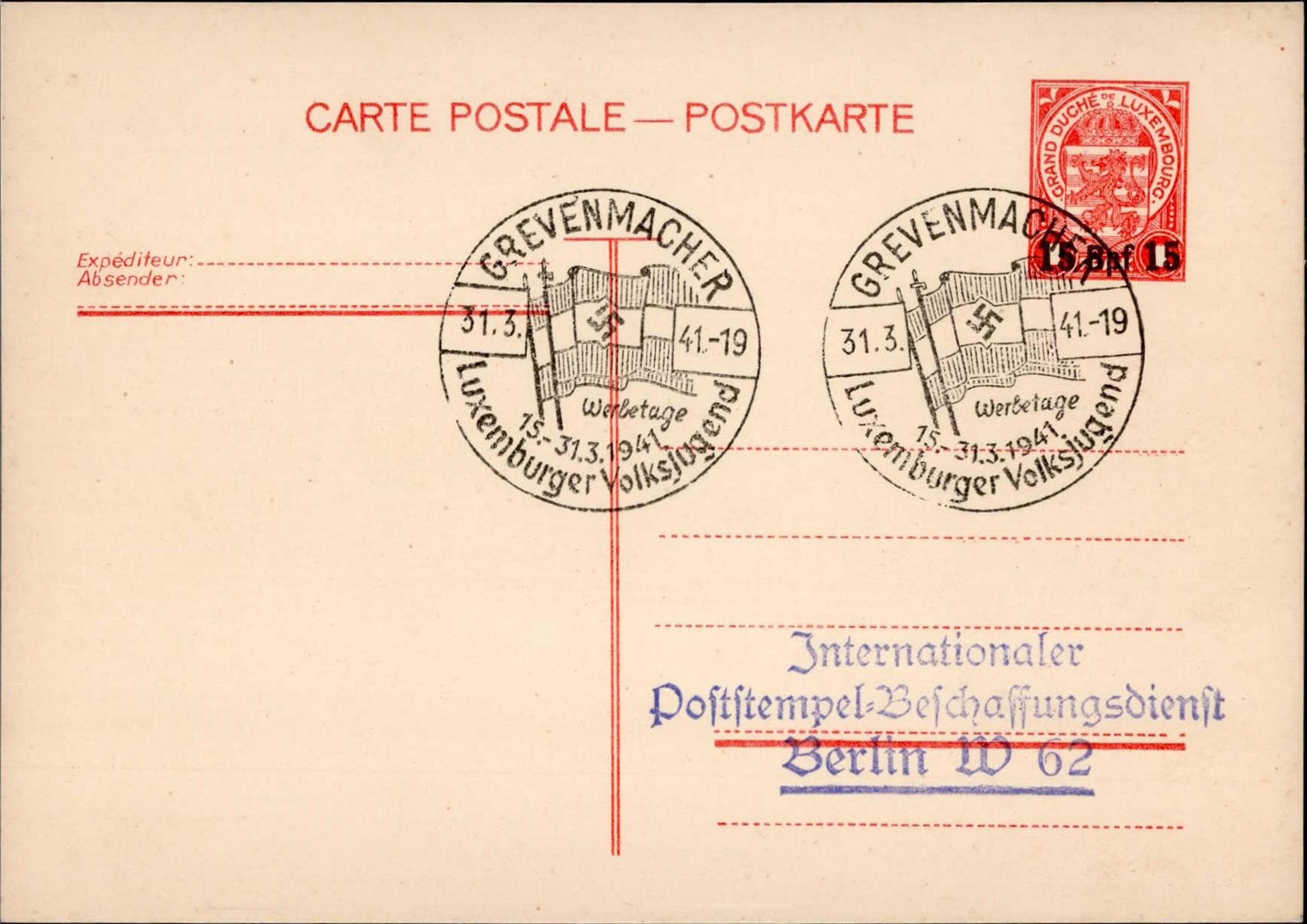 WK II HJ Grevenmacher Stempel Werbetag Luxemburger Volksjugend 1941 auf GSK I-II