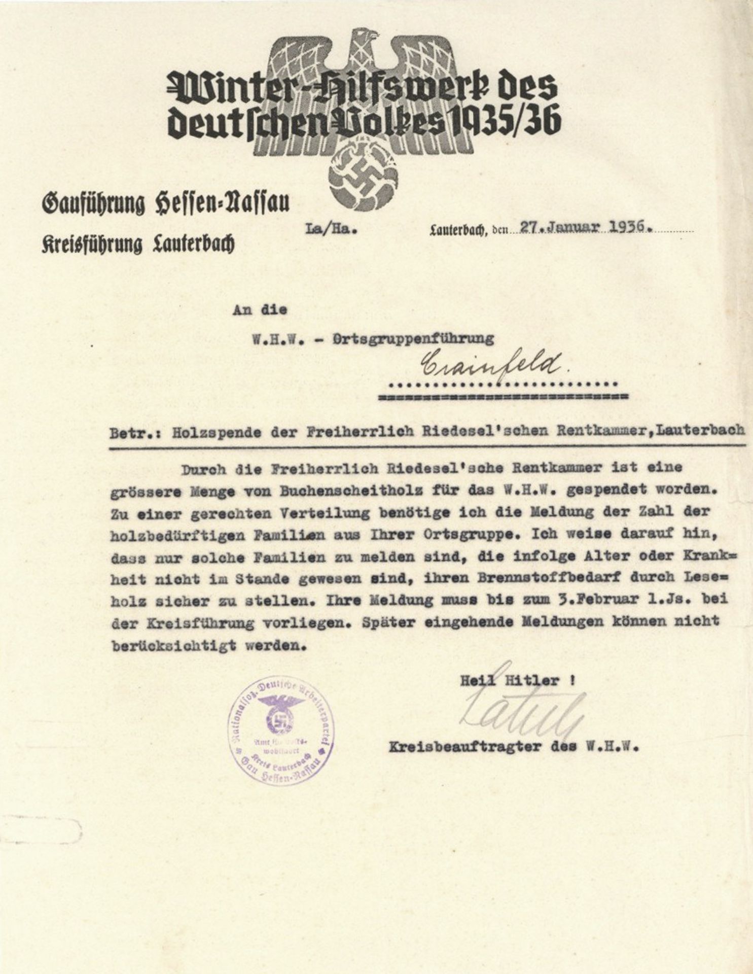 WHW Schreiben der Gauführung Hessen-Nassau Kreisführung Lauterbach vom 27. Januar 1936 II
