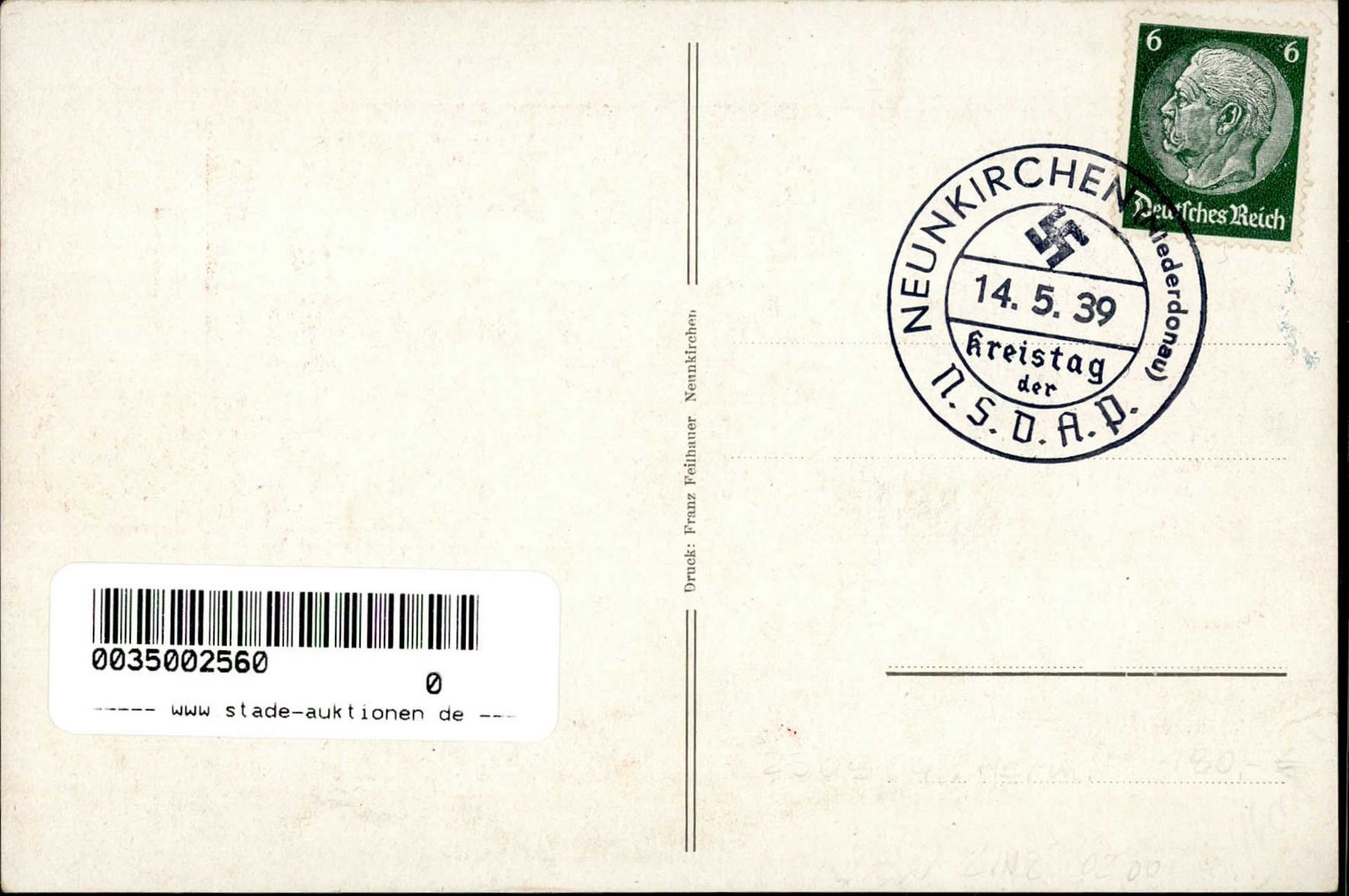 NEUNKIRCHEN,Österreich WK II - 1. NSDAP-KREISTAG 1939 Künstlerkarte sign. Lybal S-o 1 cm - Image 2 of 2