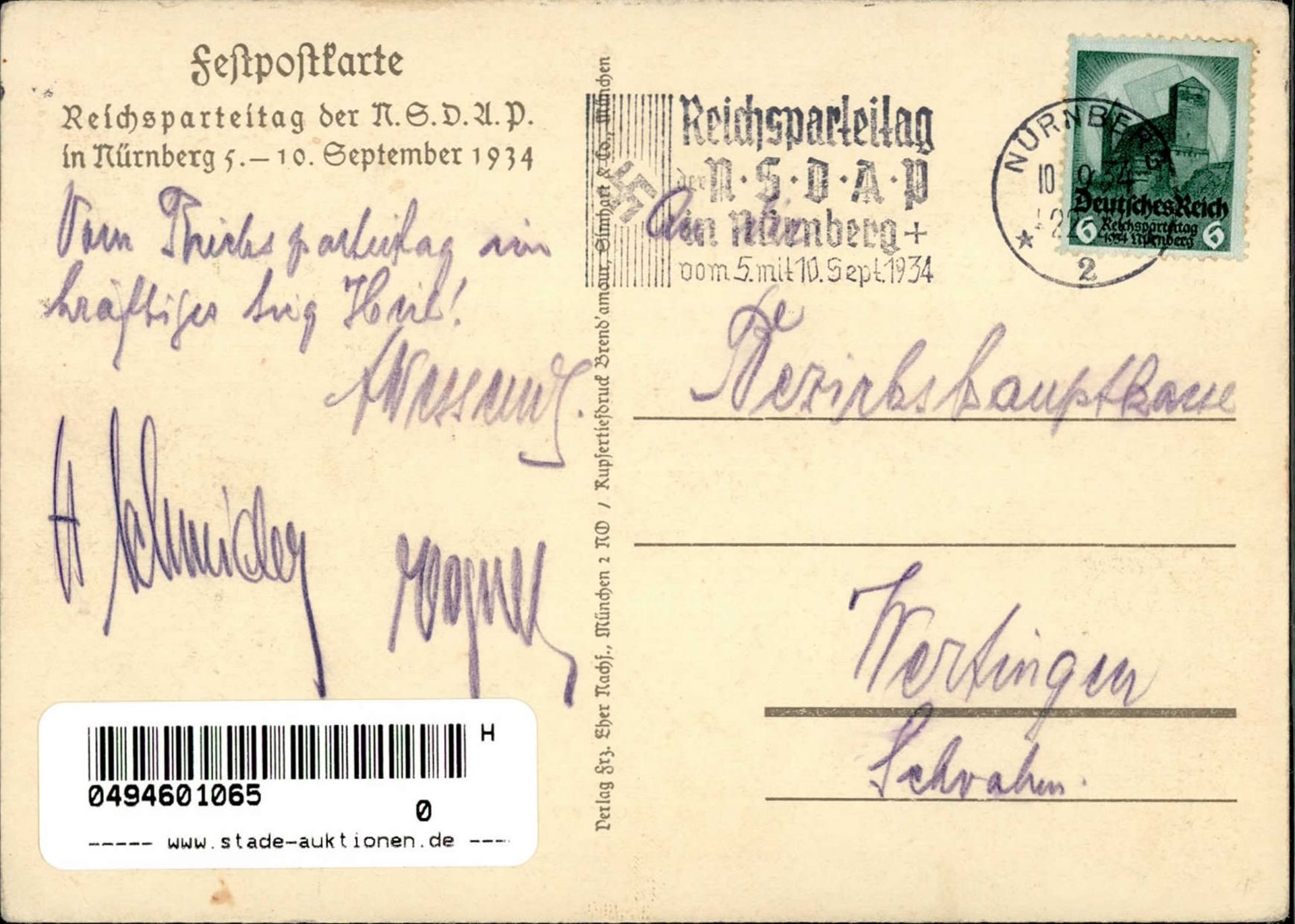 Reichsparteitag WK II Nürnberg (8500) 1934 sign. v. Suchodolski, S. I-II (kl. Eckbug) - Bild 2 aus 2