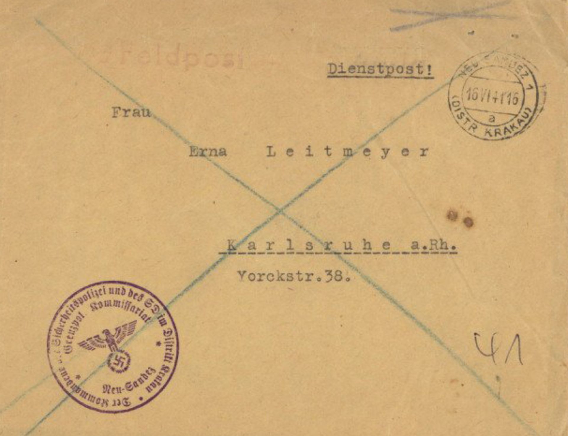 SS Feldpost WK II Sicherheitspolizei/Sicherheitsdienst SD Neu-Sandez Distrikt Krakau, Brief mit