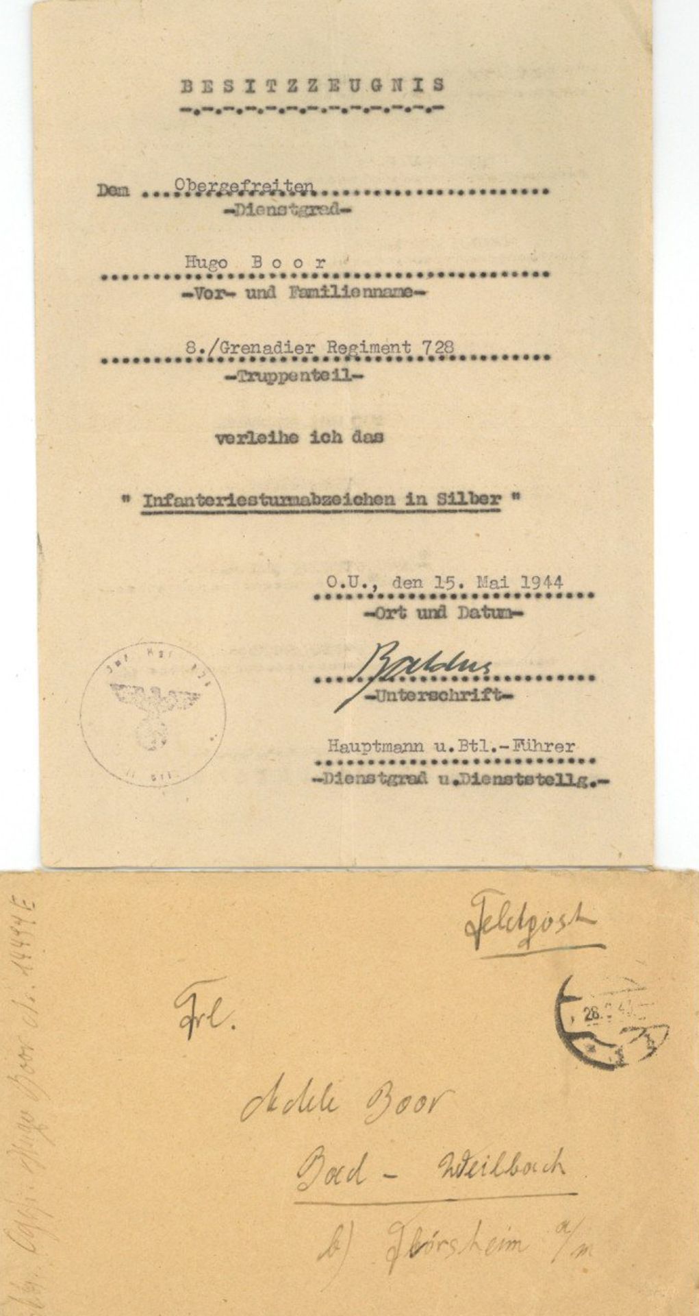 Verleihungsurkunde Infanterie-Sturmabzeichen in Silber des 8. Grenadier Regiment 728 vom 15. Mai