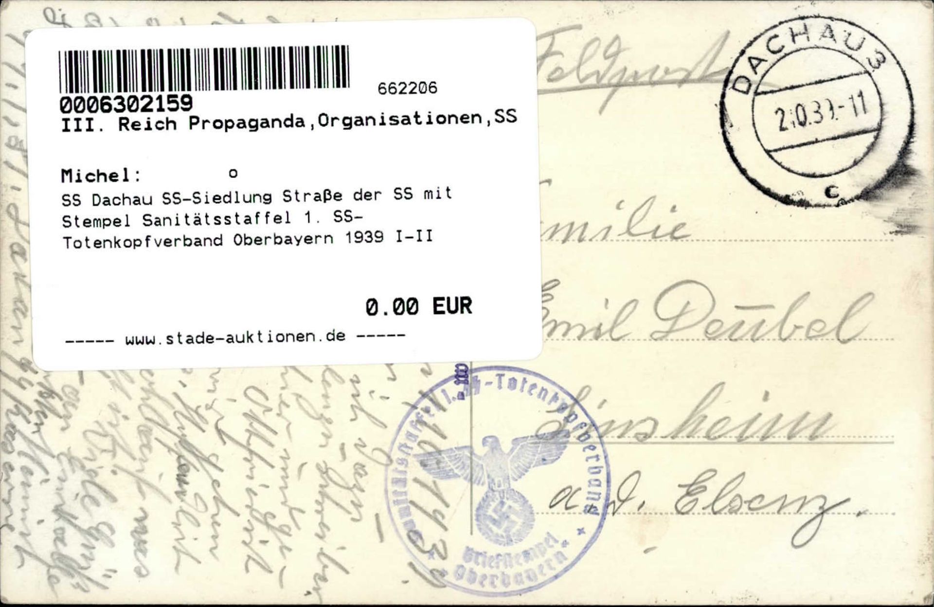 SS Dachau SS-Siedlung Straße der SS mit Stempel Sanitätsstaffel 1. SS-Totenkopfverband Oberbayern - Image 2 of 2
