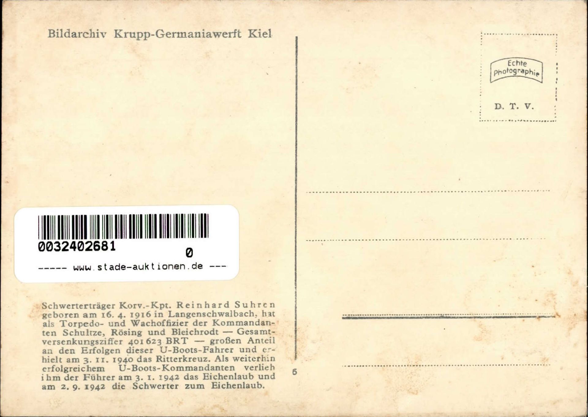 Ritterkreuzträger Suhren, Reinhard Korv.-Kpt. I-II (fleckig, RS Klebereste) - Bild 2 aus 2