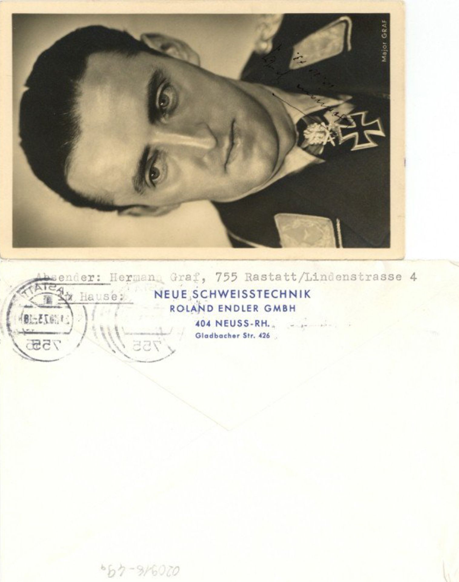 Ritterkreuzträger Graf, Hermann vs und rs UNTERSCHRIFT 1973 mit Original-Briefumschlag