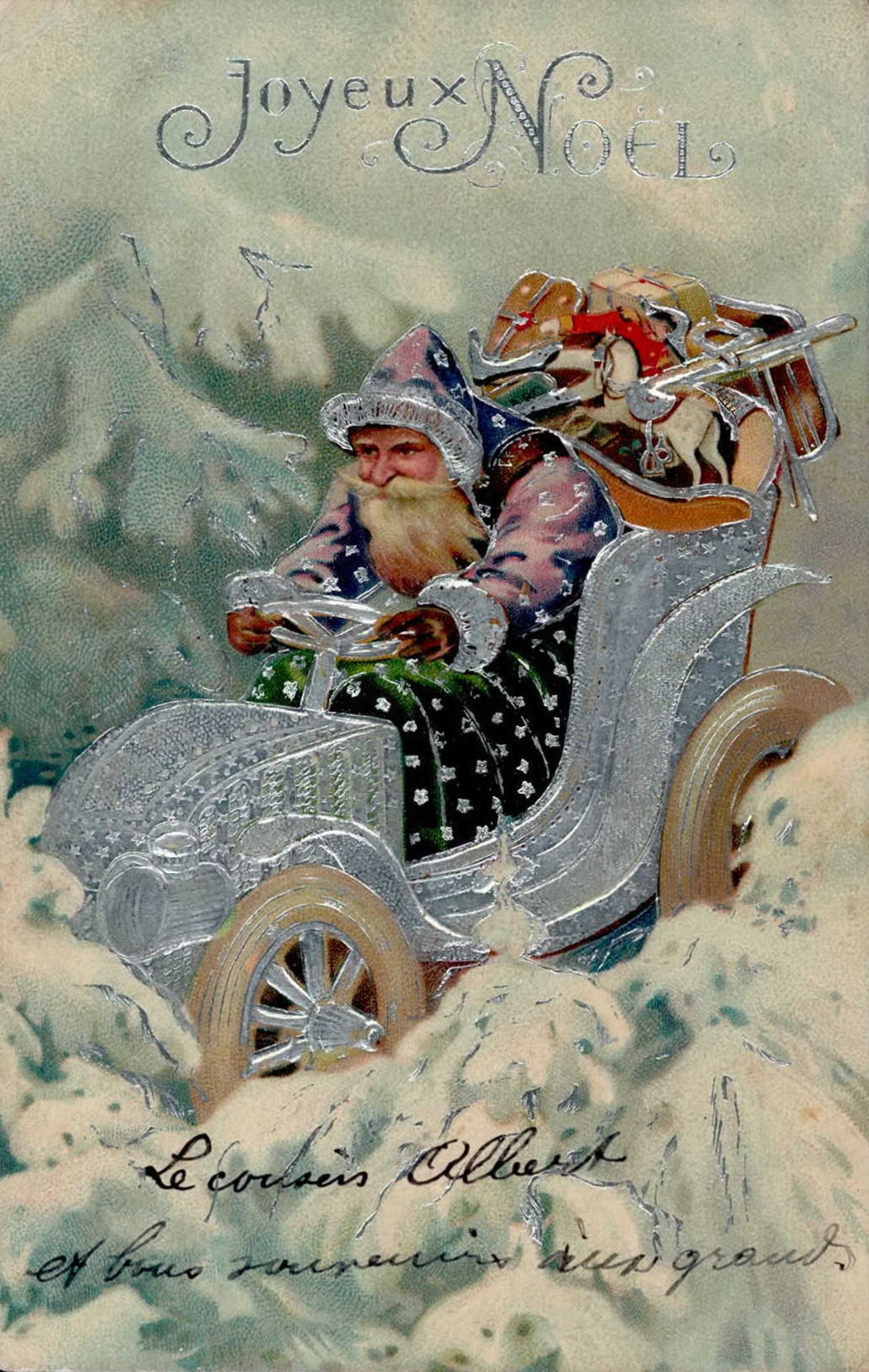 Weihnachtsmann Auto Spielzeug Prägekarte I-II