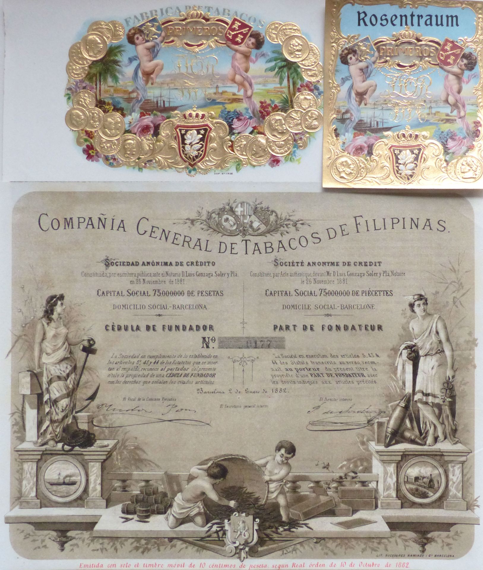Tabak / Rauchen Lot Ausgabeschein der Compania General de Tabacos de Filipinas (26x33 cm) und 2
