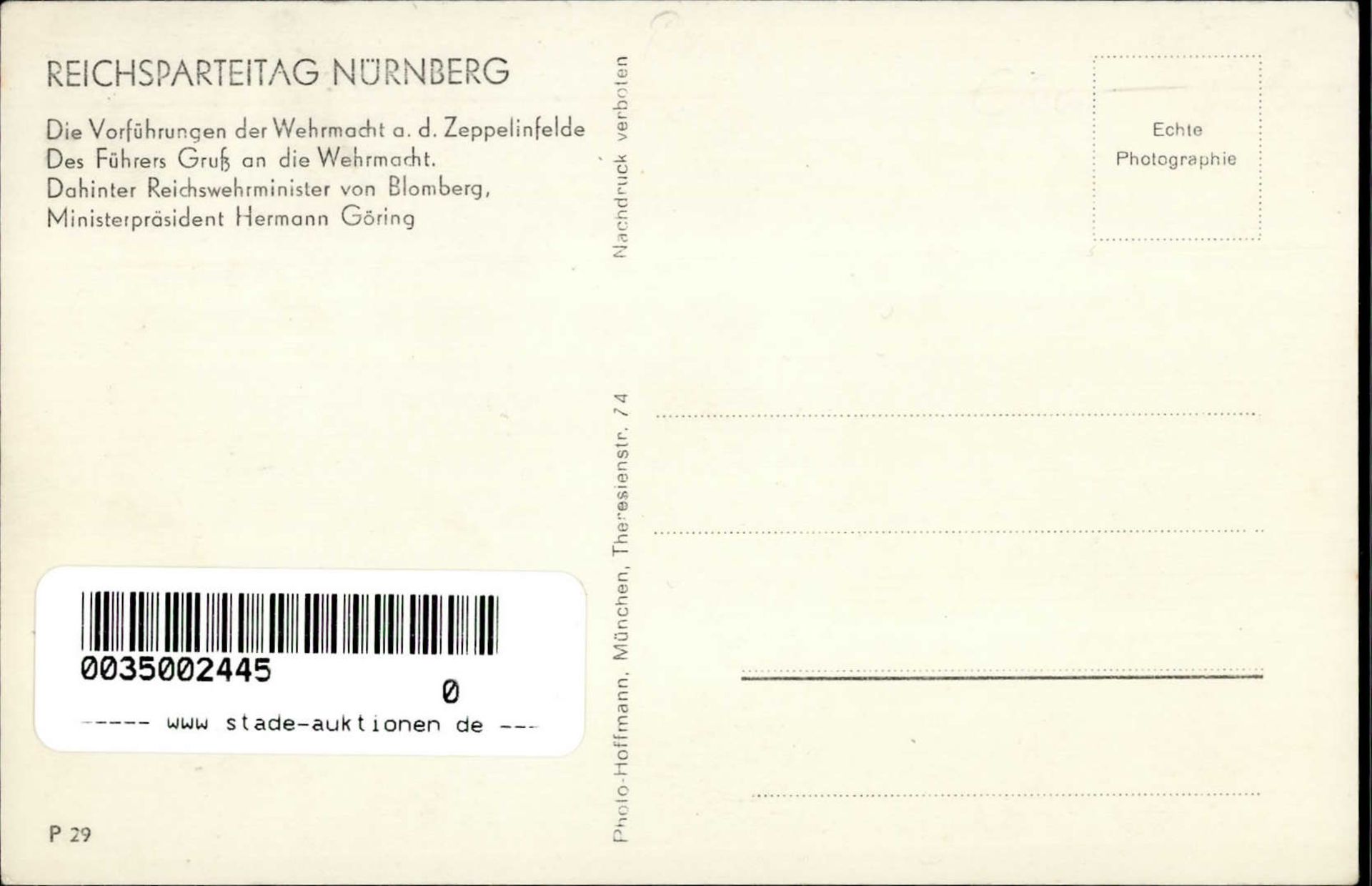 REICHSPARTEITAG NÜRNBERG WK II - PH P 29 Führers Gruß an die Wehrmacht mit Blomberg und Göring I - Image 2 of 2