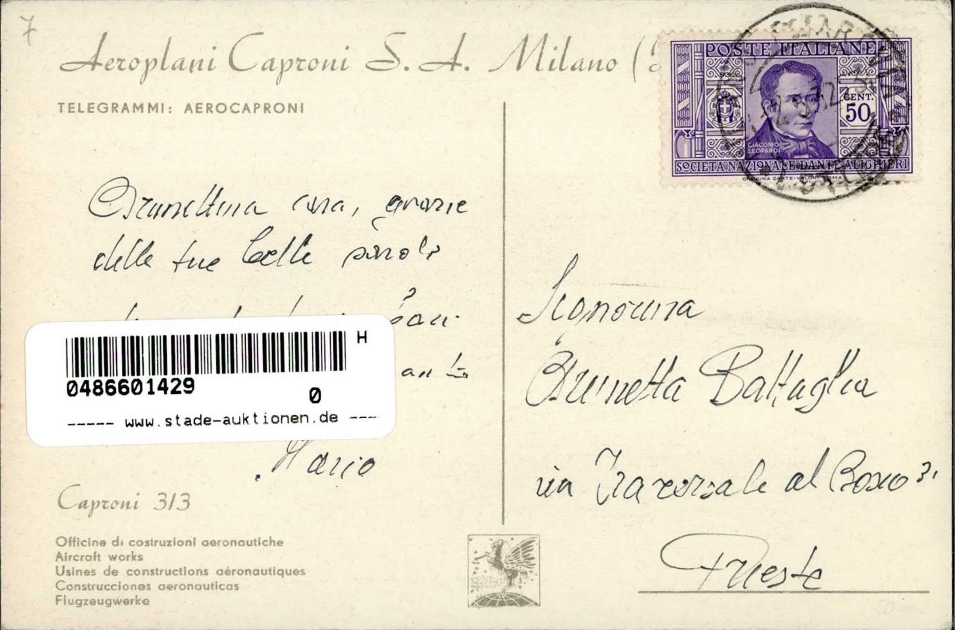 Propaganda WK II Italien Aeroplani Caproni S.A. Milano sign. Gianpaolo I-II - Bild 2 aus 2