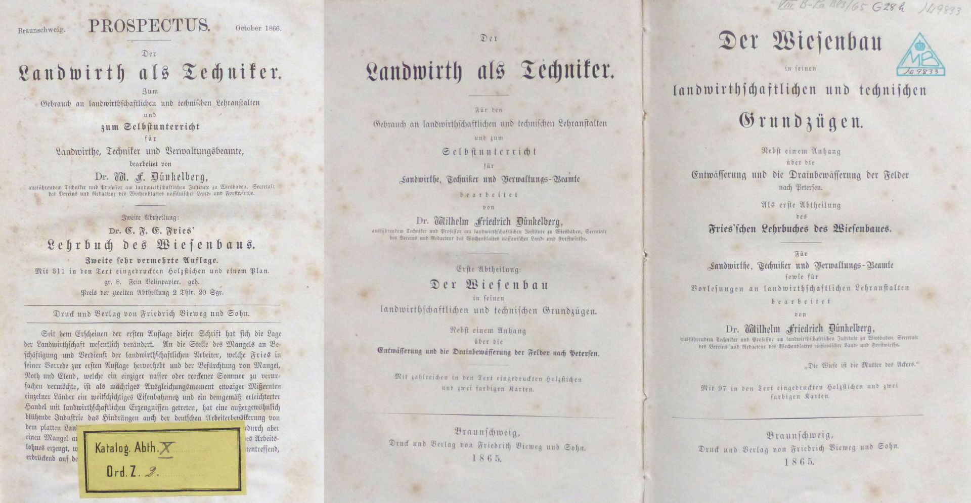 Landwirtschaft 2 Bücher Landwirth als Techniker und der Wiesenbau vom Dünkelberg, Wilhelm 1865,