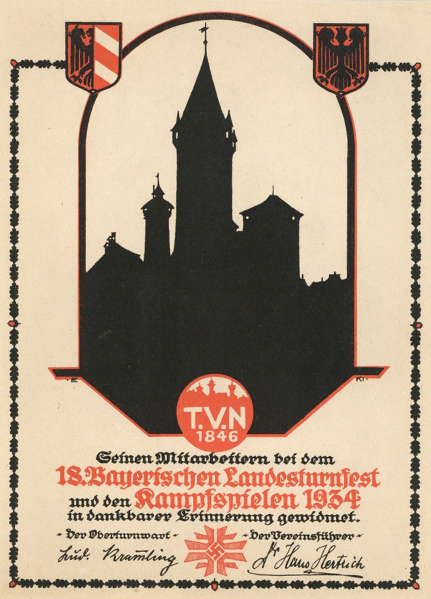 Verleihungsurkunde Nürnberg zum 18. Bayerischen Landesturnfest und den Kampspielen 1934 I-II