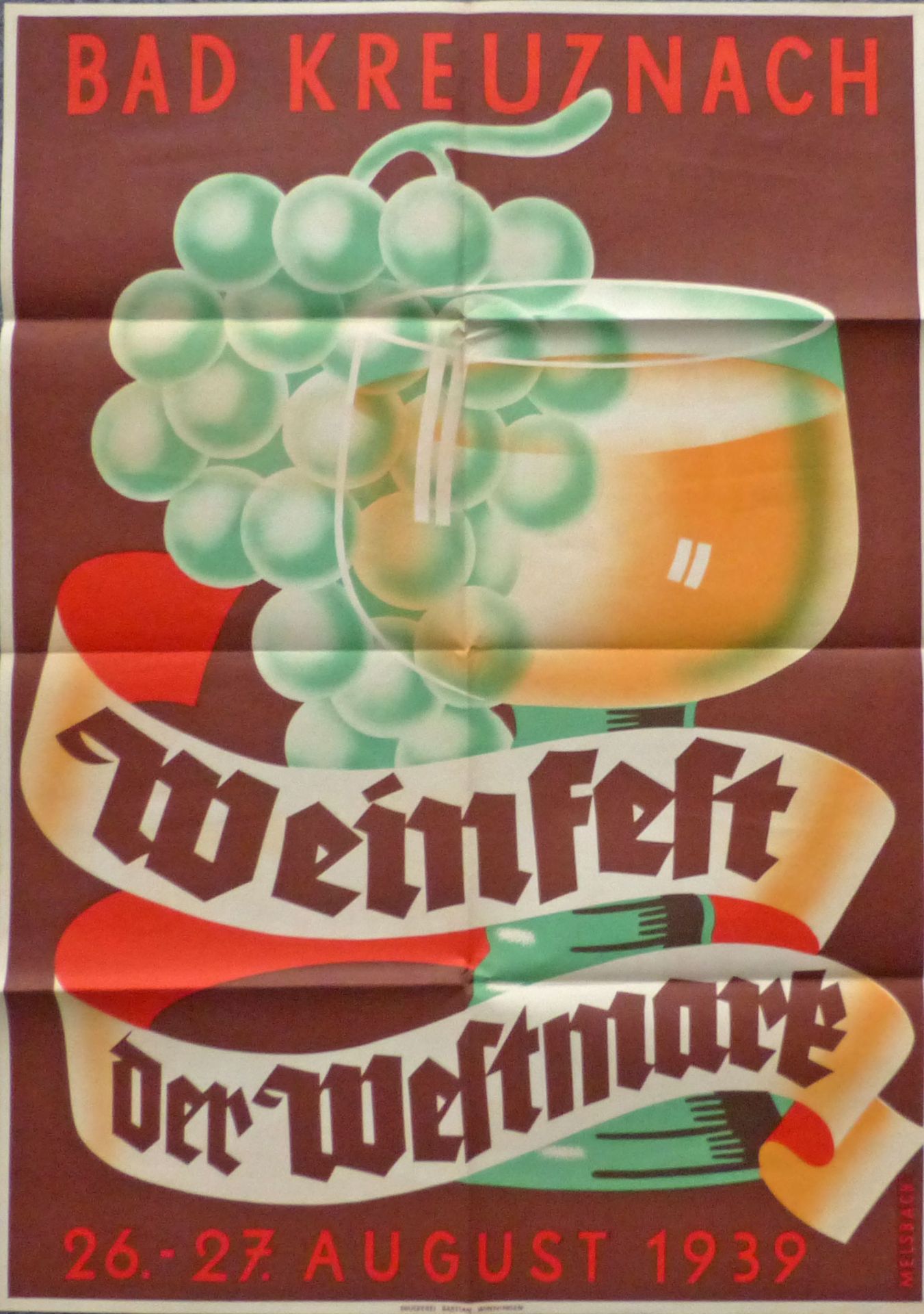 Wein Bad Kreuznach Poster vom Weinfest der Westmark am 26./27.8.1939, 58x82 cm I-II