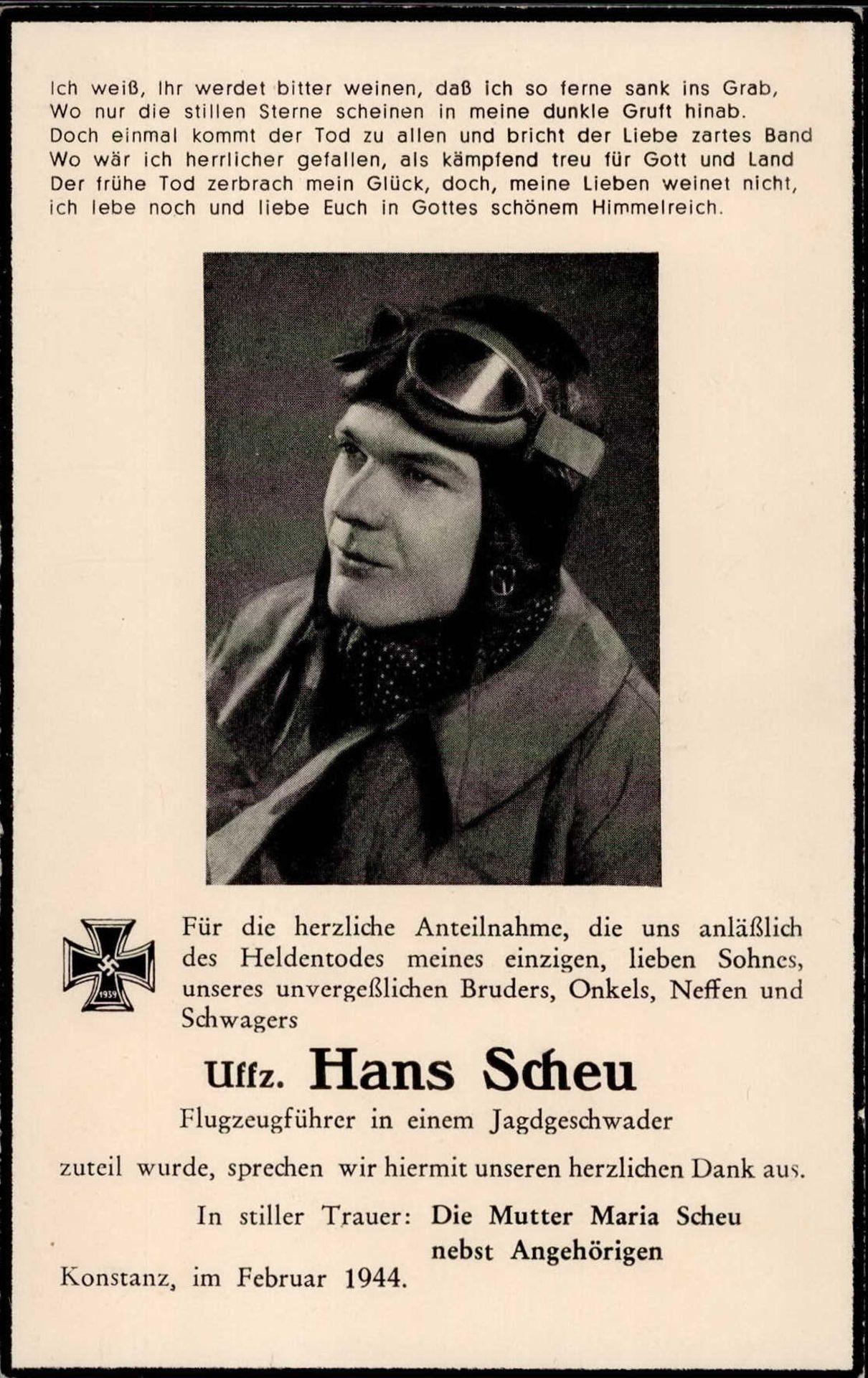 WK II Trauerkarte Uffz. Scheu, Hans Flugzeugführer in einem Jagdgeschwader I-II (keine AK-