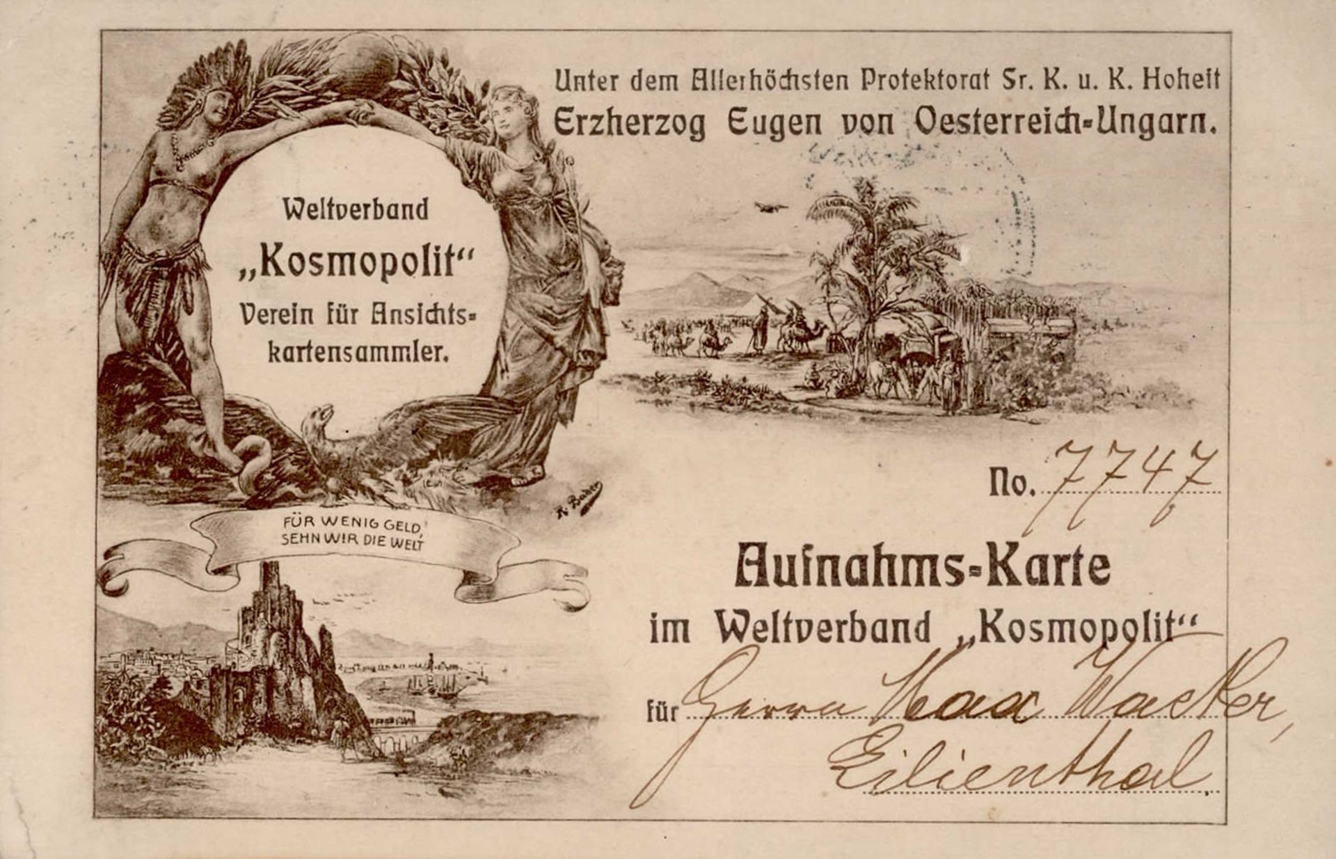 AK-Geschichte Weltverband Kosmopolit Verein für Ansichtskartensammler Aufnahms-Karte 1909 I-II (