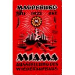 MAGDEBURG - MIAMA AUSSTELLUNG des WIEDERAUFBAUS 1922 dekorative Ausstellungskünstlerkarte sign. Alw.