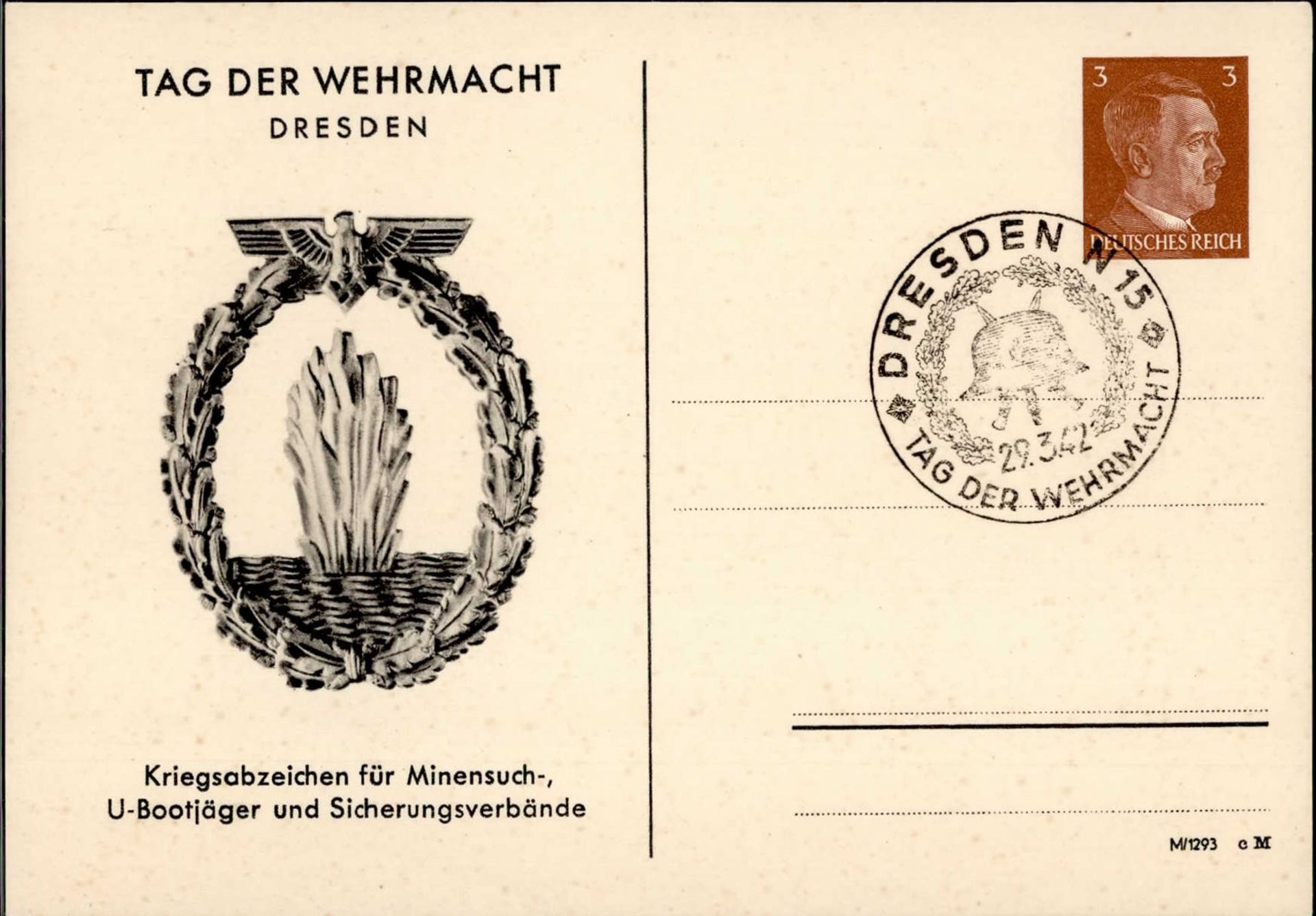 WK II WHW Dresden Kriegsabzeichen für Minensuch-U-Bootjäger u. Sicherungsverbände Ganzsache I-