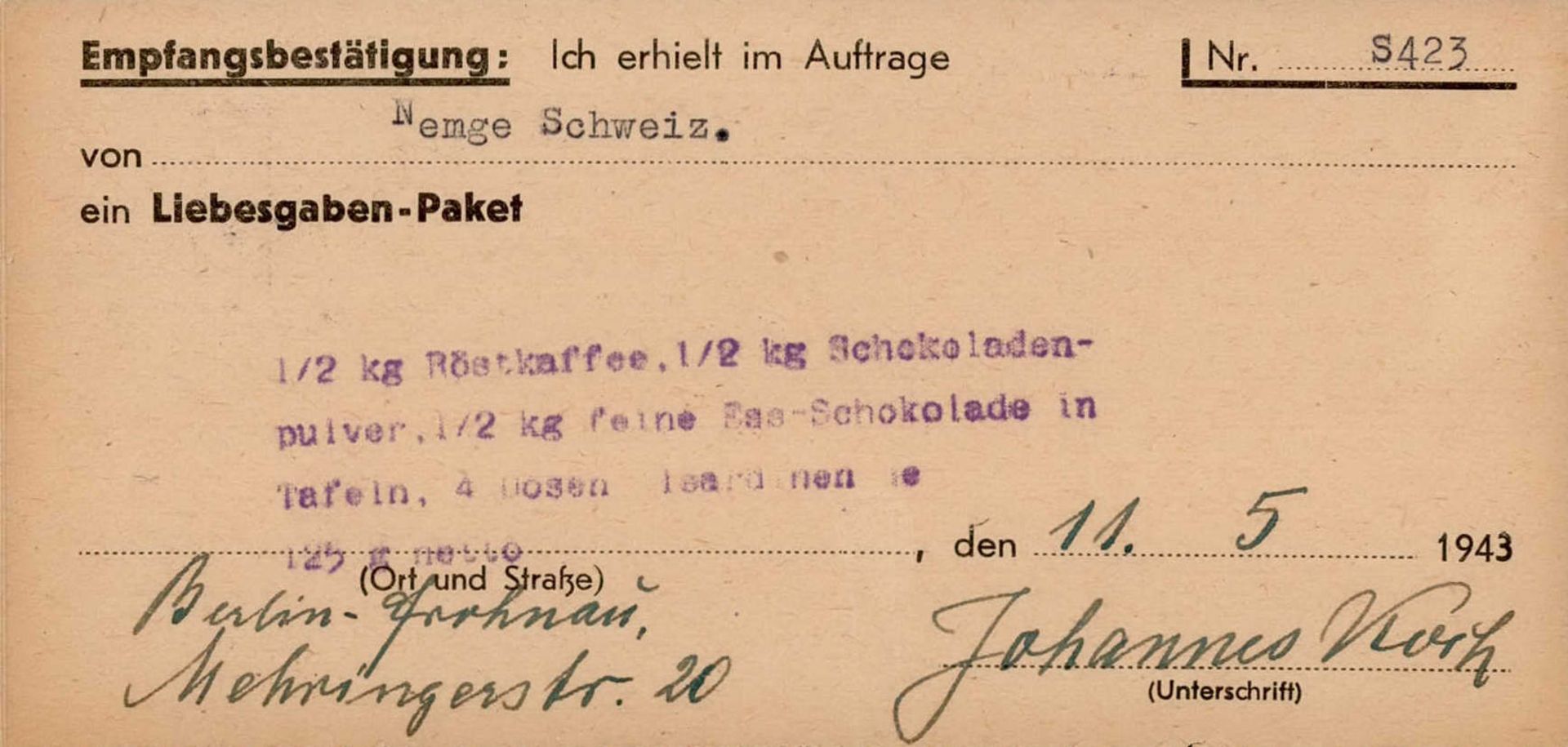 3. Reich Liebesgaben-Paket 1943 Empfangsbestätigung aus Berlin-Frohnau in die Schweiz (für Kaffee, - Image 2 of 2