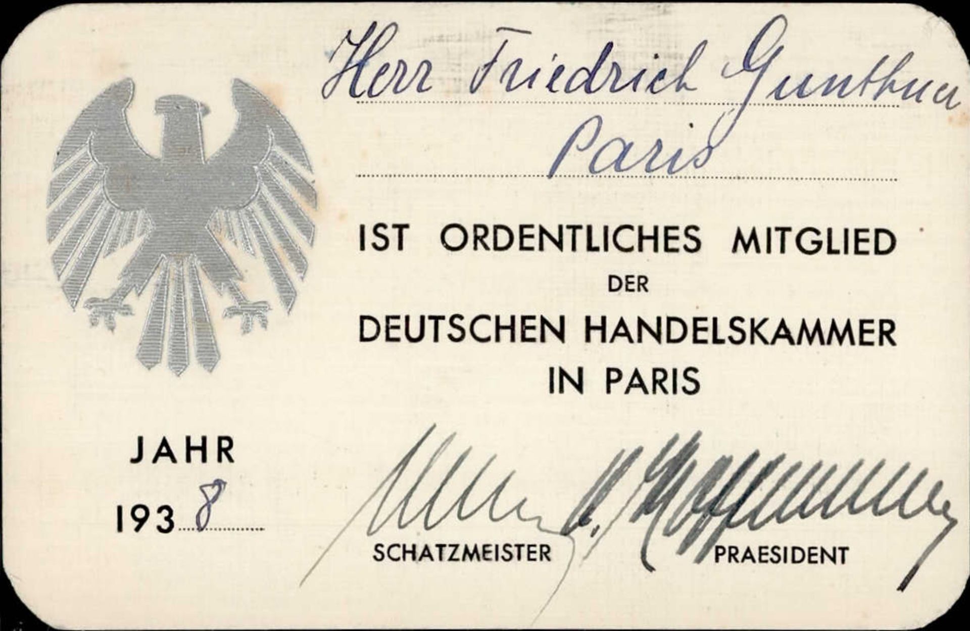 WK II Dokumente Mitgliedsausweis Deutsche Handelskammer in Paris 1938 ca. 7x10cm