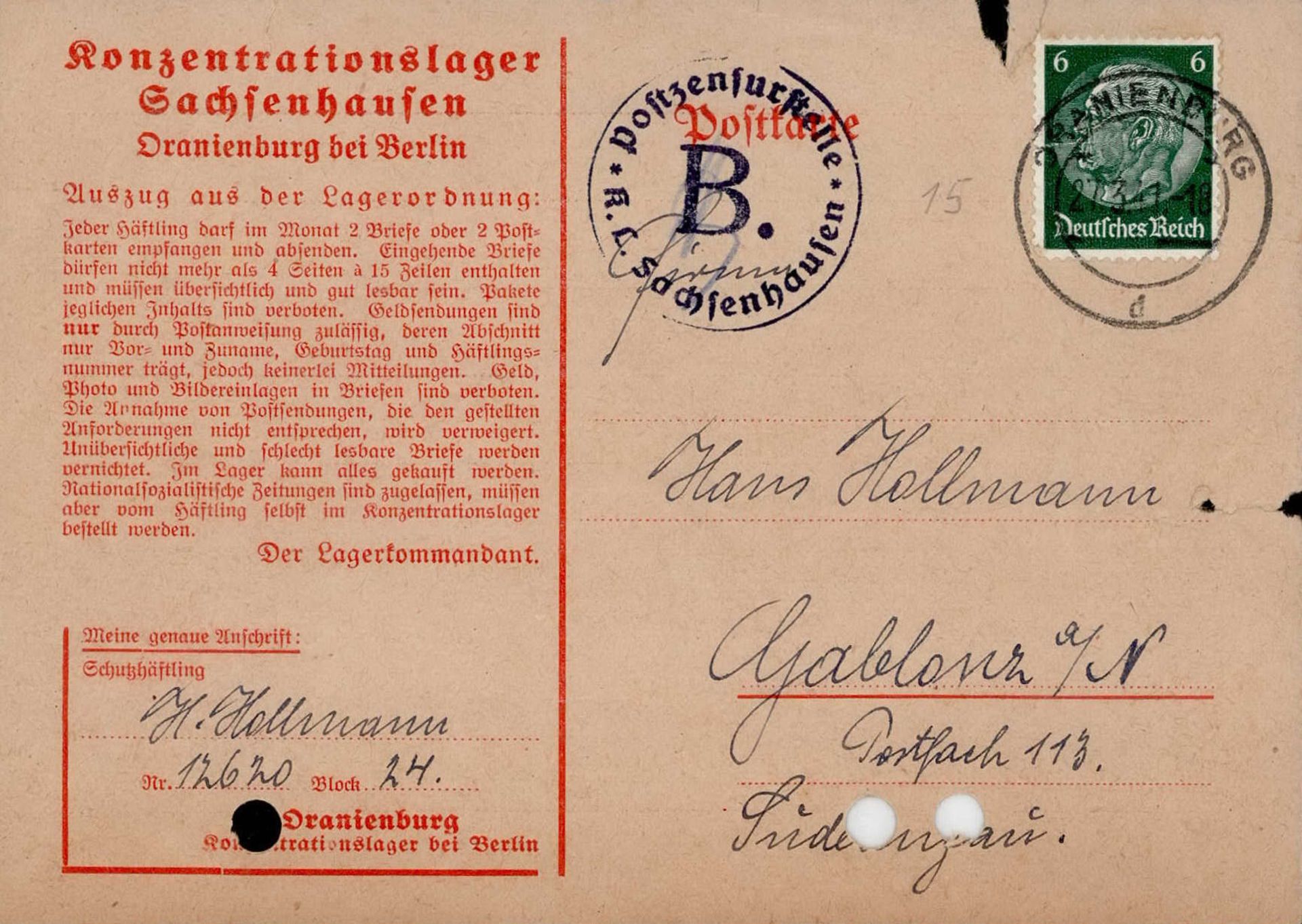 WK II KZ - Post Oranienburg II (gelocht, eingerissen)
