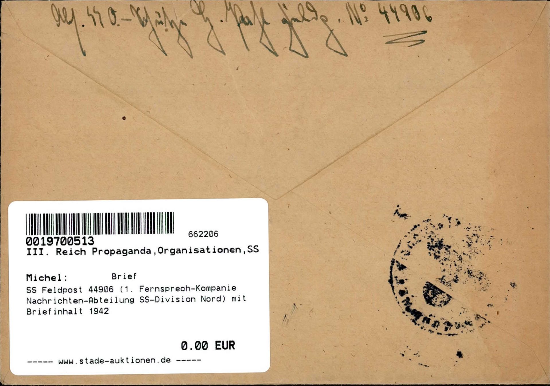 SS Feldpost 44906 (1. Fernsprech-Kompanie Nachrichten-Abteilung SS-Division Nord) mit Briefinhalt - Image 2 of 2