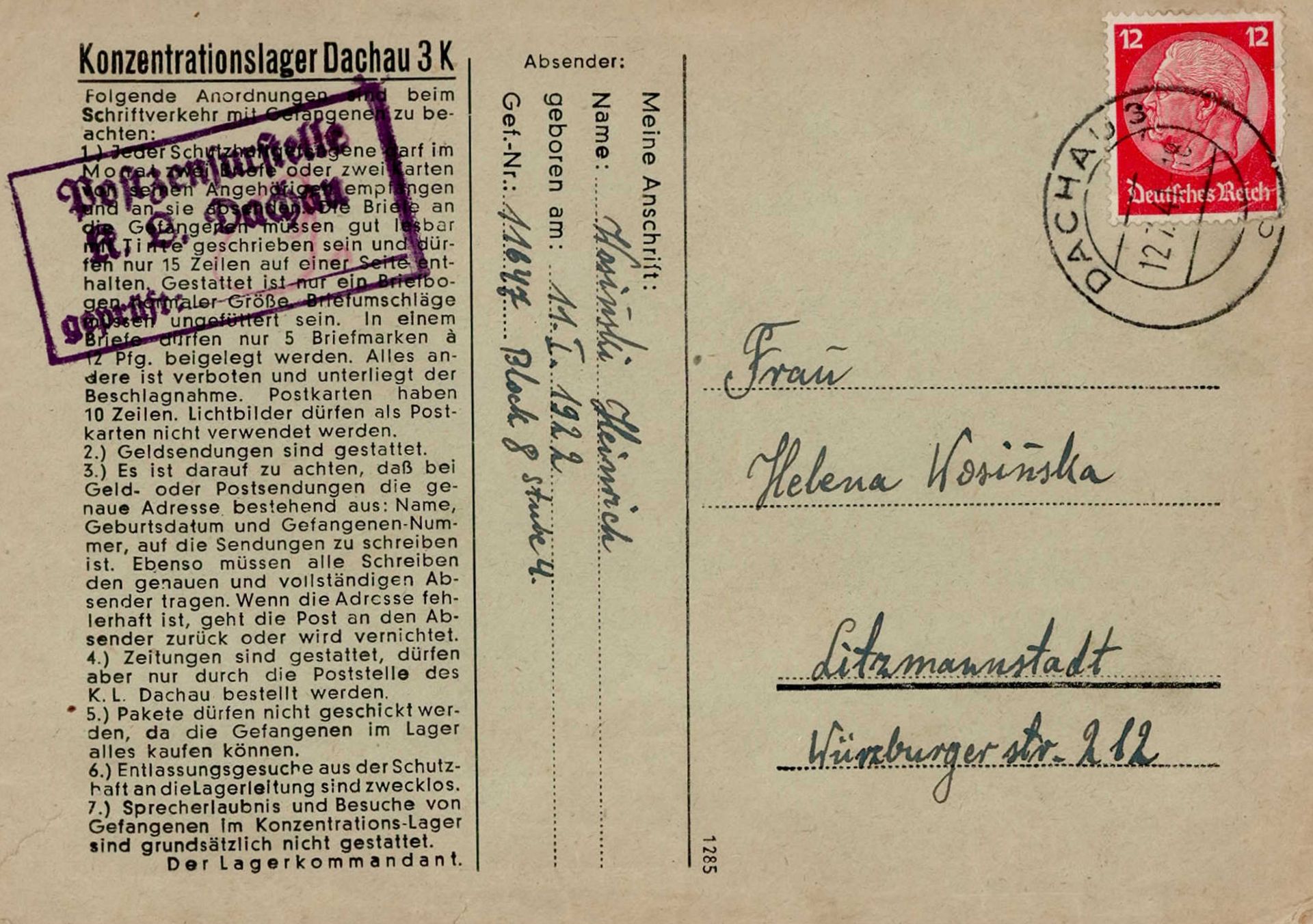 WK II KZ - Post Dachau mit Lagerzensur 12.07.1941 o-Brief I-II